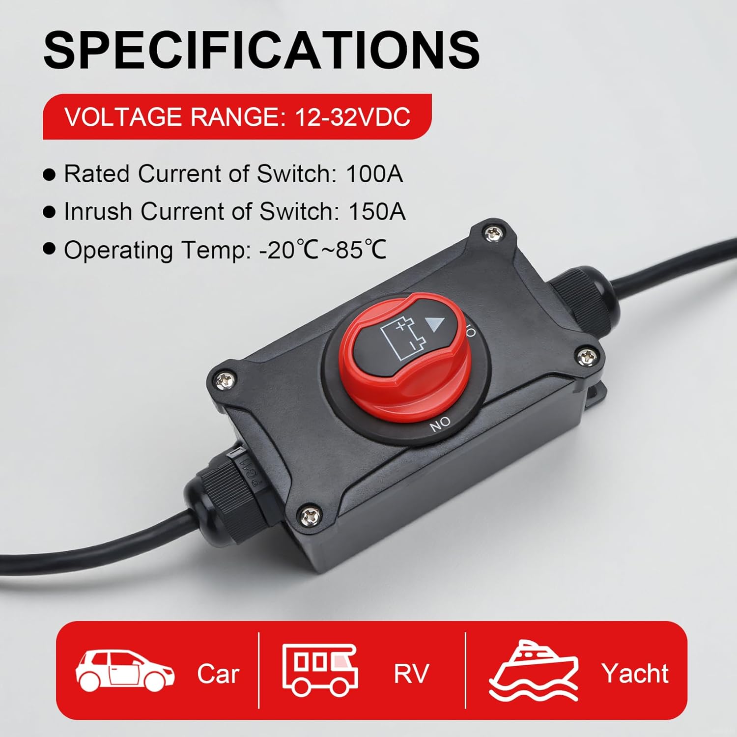 Top Post Battery Disconnect Switch, 100A 12-32V On/Off, Waterproof Heavy-Duty Battery Disconnect Switch with 8AWG Wire for Cars, Vehicles, RVs, and Boats