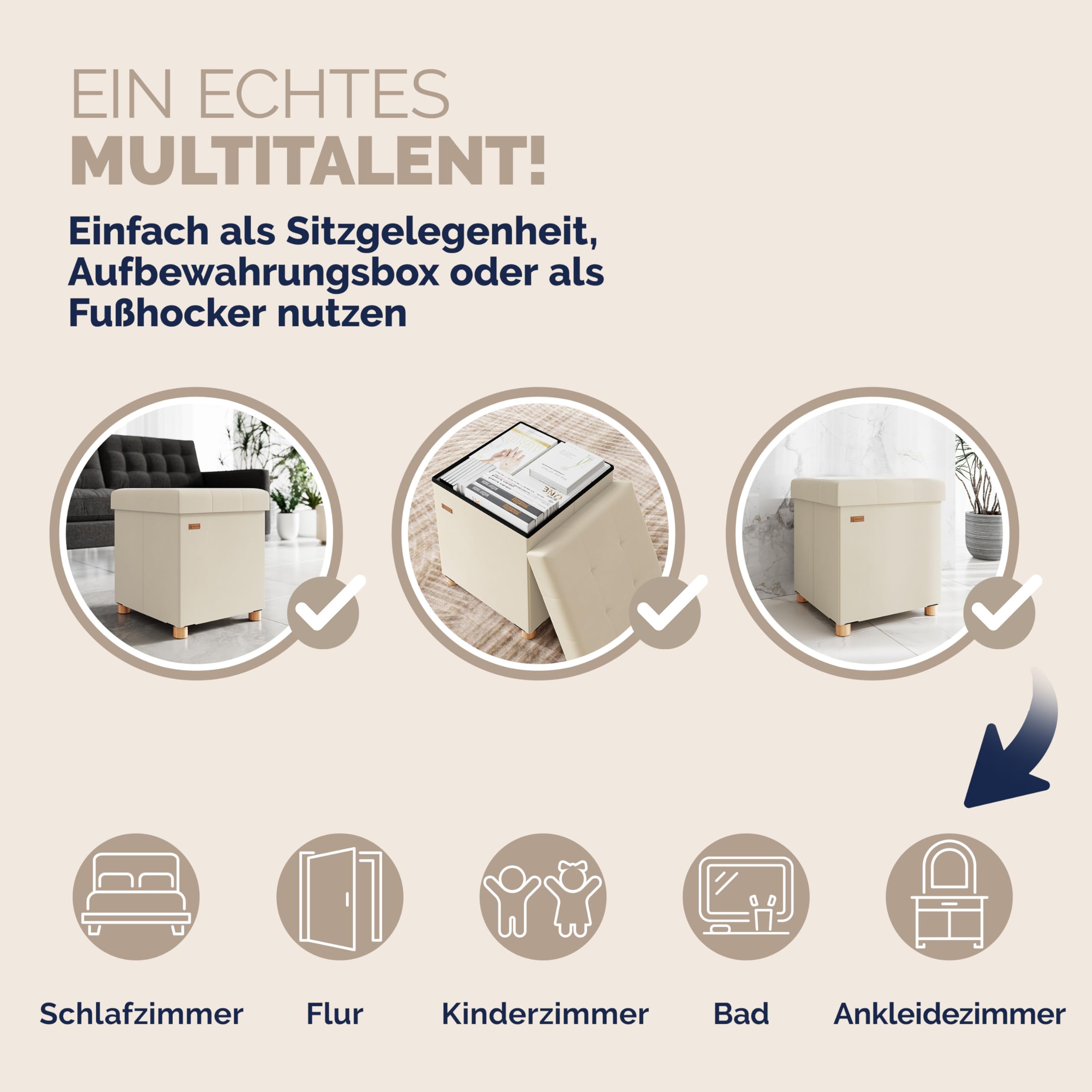 Casaria® Hocker mit Stauraum Samt Beige Faltbar inkl. Füßen 38x38cm 300kg Belastbarkeit Wohnzimmer Schlafzimmer Flur Sitzhocker Fußhocker Polsterhocker