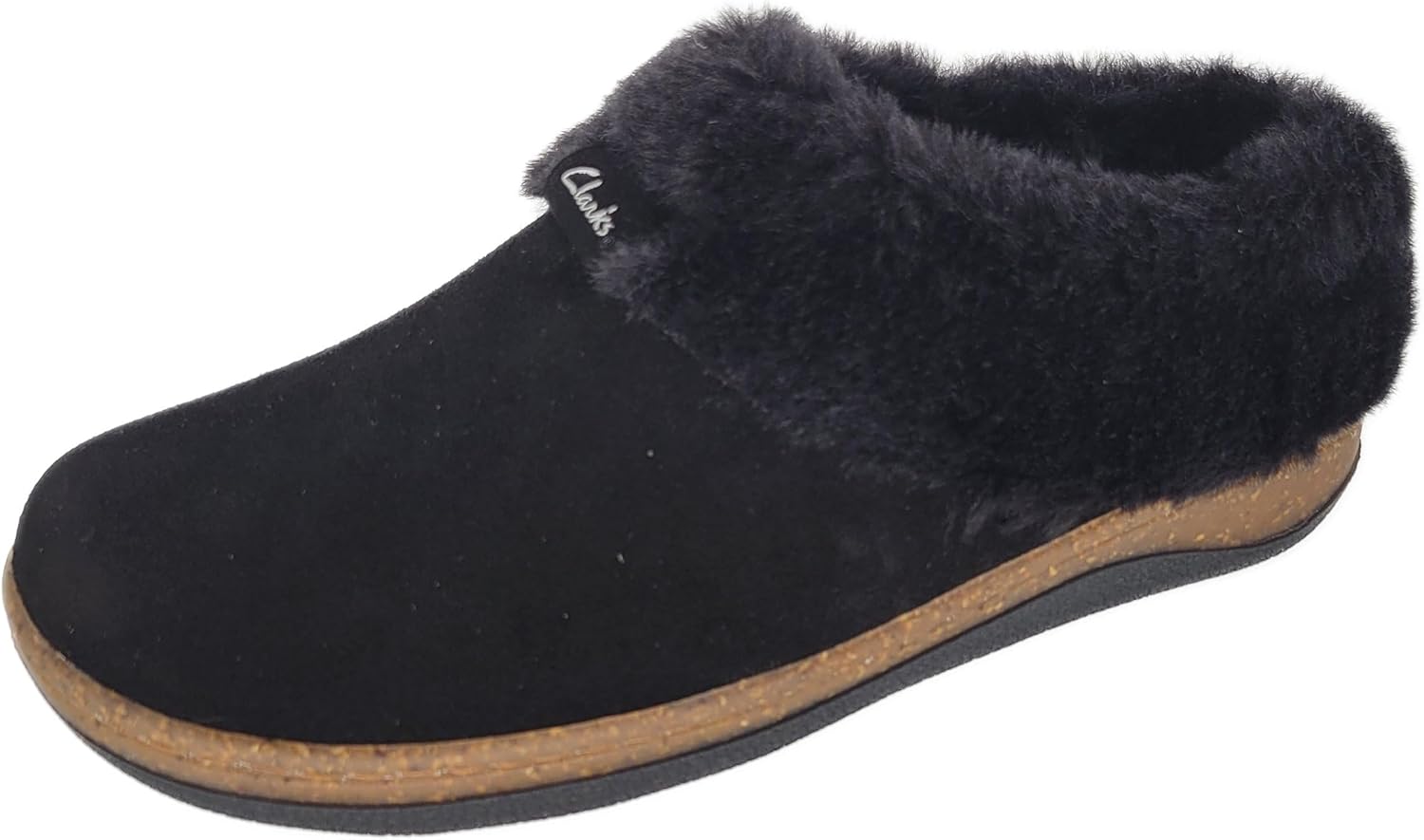Clarks Womens Slipper Suede Leather Plain Toe - Plush Faux Fur Collar/Lined With A Cork Midsole - Open Back Indoor Outdoor House Slippers For Women (Black US 6