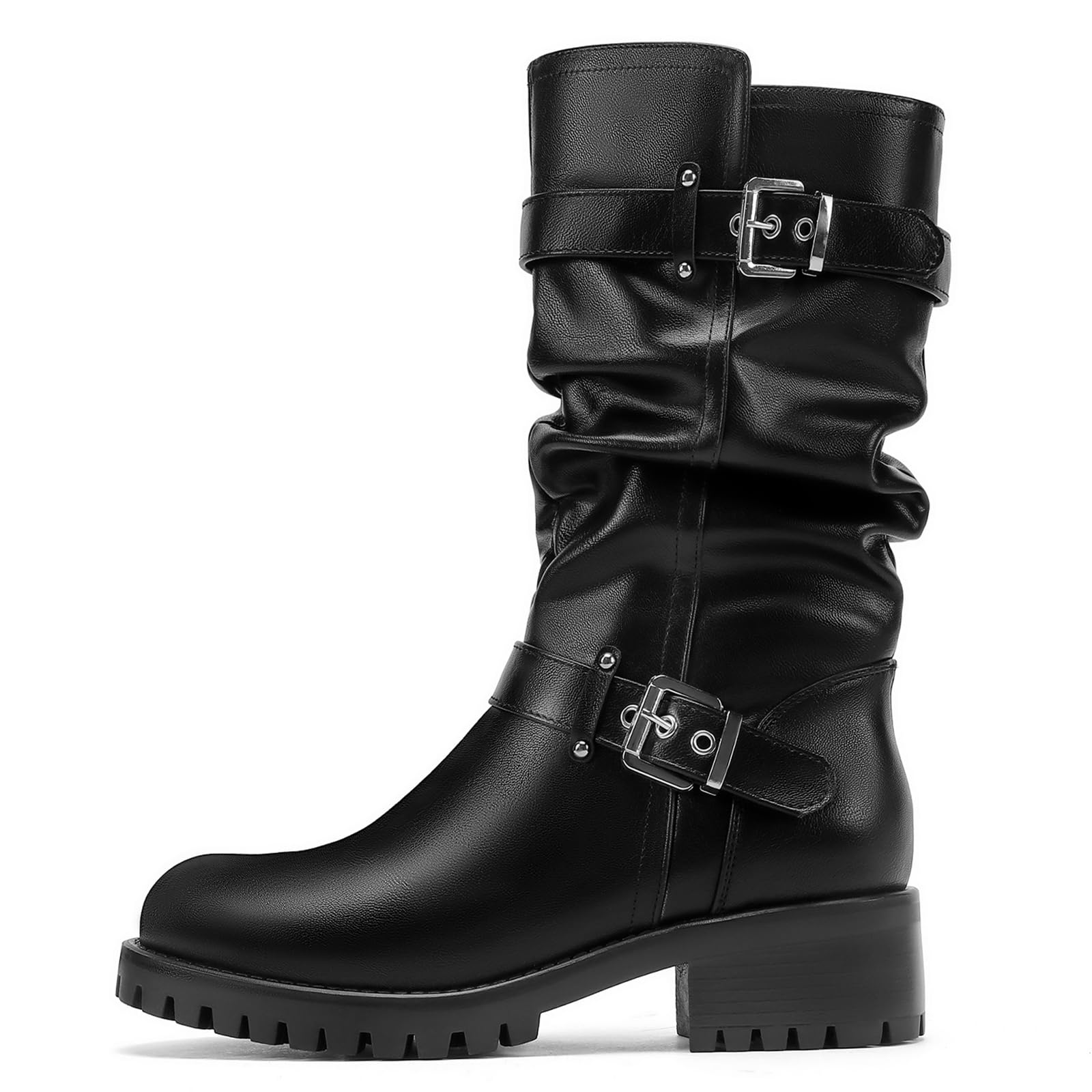 Mid Calf Boots for Women with a Wide Toe Box Motorcycle Biker Riding Boots with Buckles Round Toe
