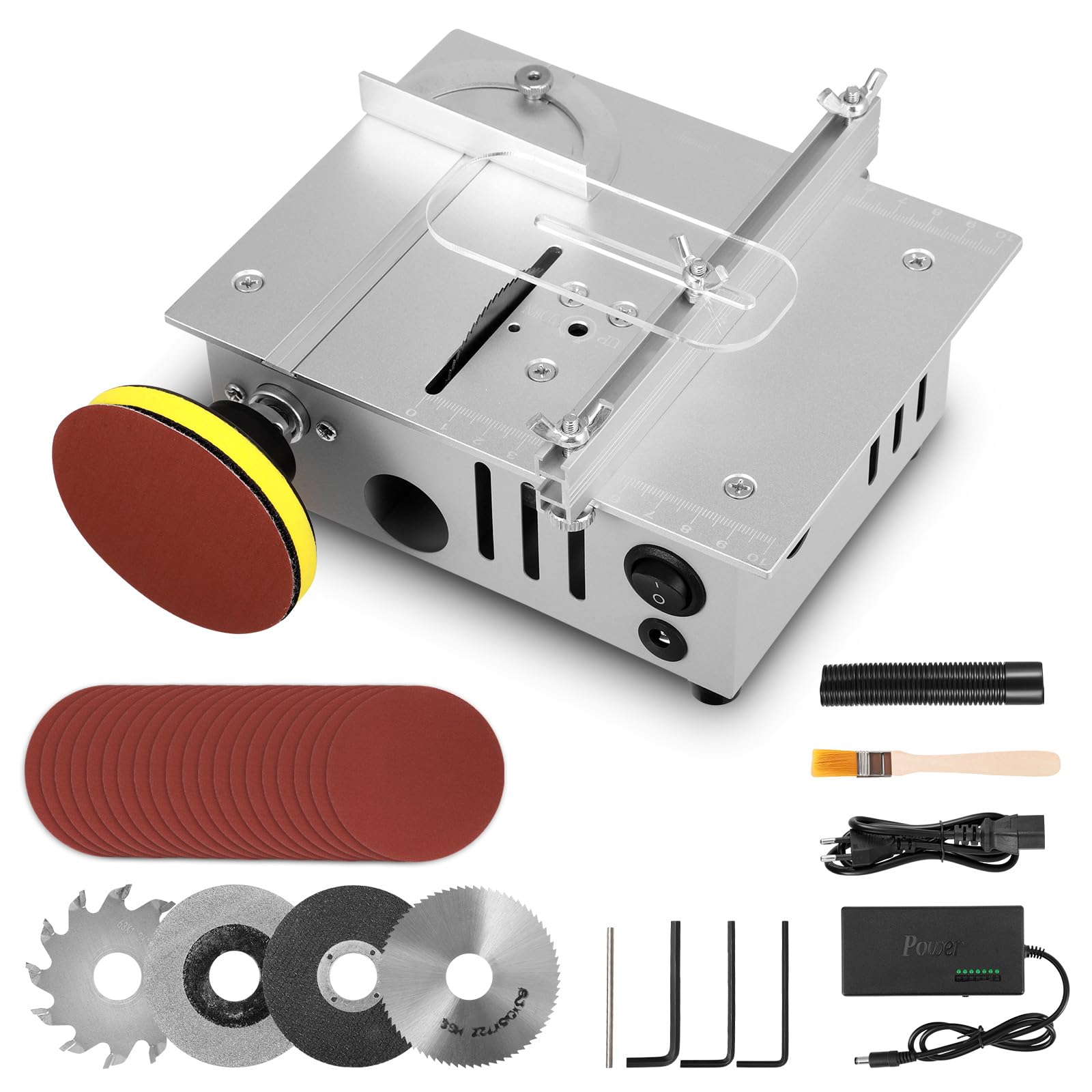 Mini sega circolare da tavolo con disco per lucidatura e 4 lame, mini sega circolare con alimentatore di rete a 7 marce, lama per sega regolabile da 0,1 a 15 mm, sega circolare portatile piccola per