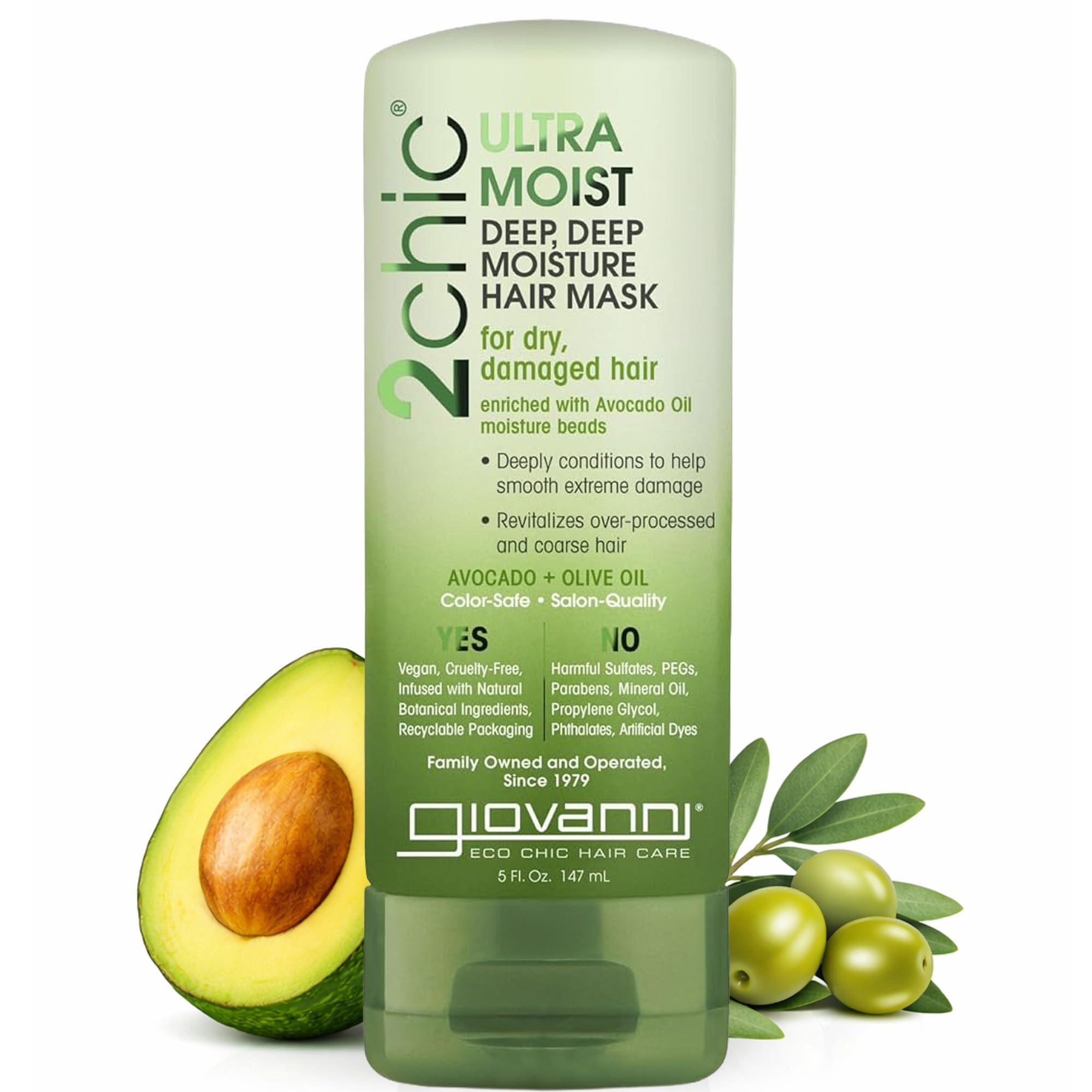GIOVANNI 2chic Ultra-Moist Deep, Deep Moisture Hair Mask - Avocado & Olive Oil, Creamy Hydration Formula, Enriched with Aloe Vera, Shea Butter, Botanical Extracts, No Parabens, Color Safe - 5 oz