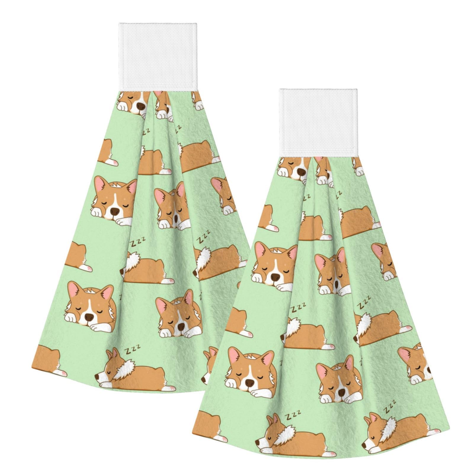 DOPKLNA Cute Corgi Dog, 2 Pcs Hanging Coral Fiber Hand Towels for Bathroom, Absorbent Kitchen Towels