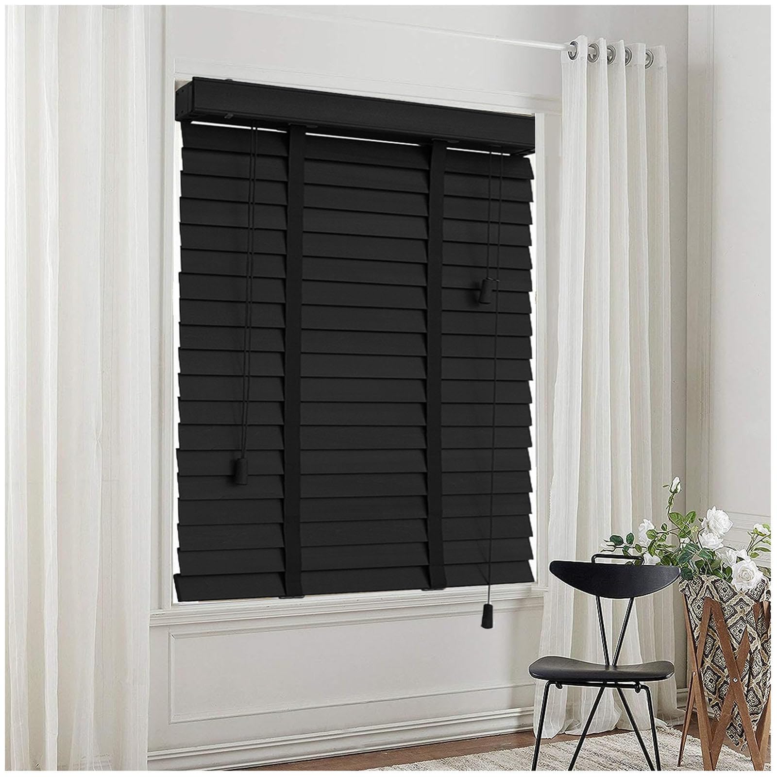 Xrdbfd Wxh Horizontal Window Blinds - Solid Wood Venetian Blinds, Light Filtering Shades, Black Wooden, 50Mm/2In Slats, 115X175cm/45.3 * 69In