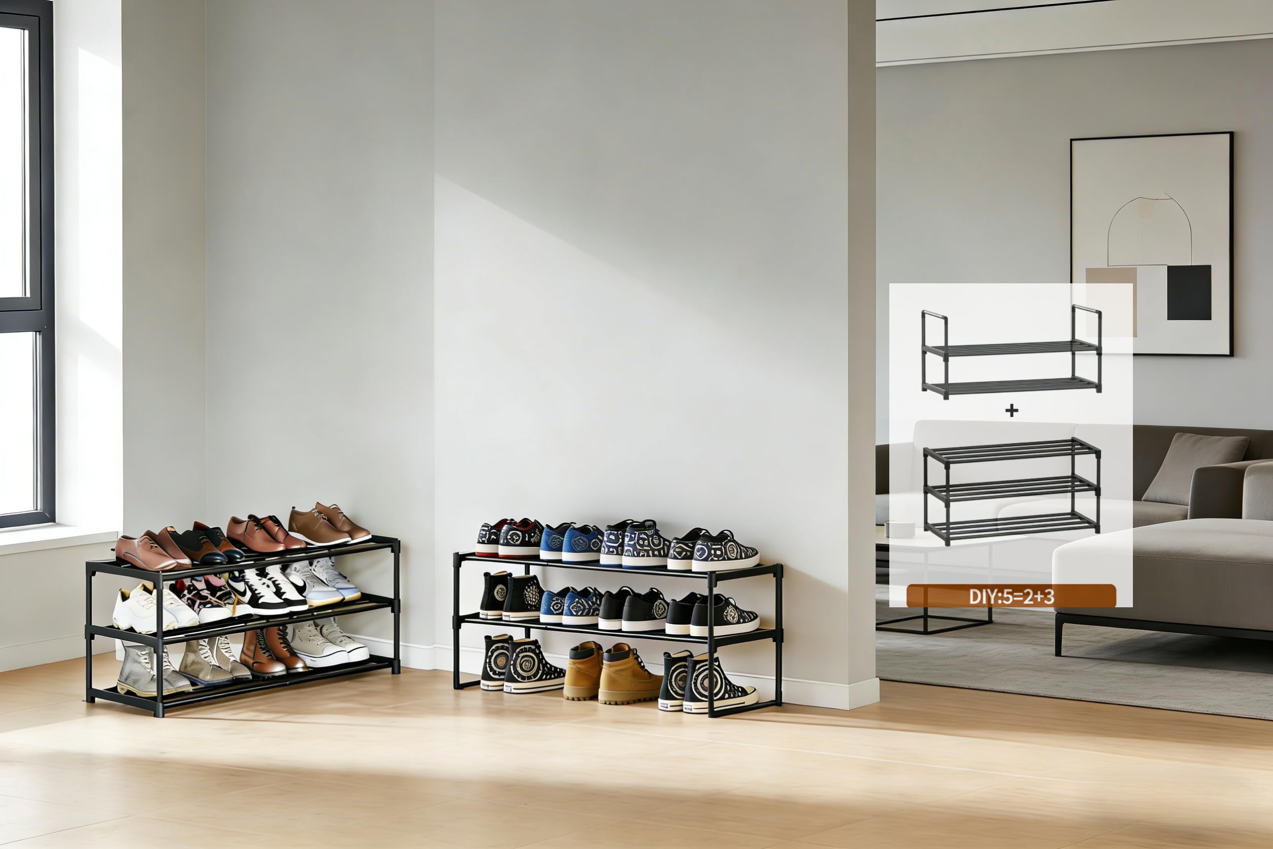 Scarpiera 5 Ripiani, Scarpiera Salvaspazio in Metallo, Porta Scarpe Verticale o Capovolta, per 20–30 Paia di Scarpe, Scaffale Salvaspazio Impilabile, Scarpiera Ingresso o da Esterno, Nera