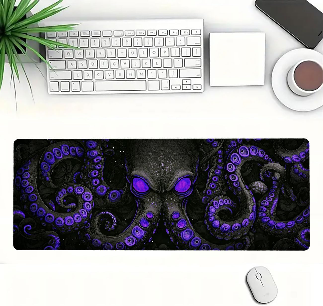 Octopus Gaming Mouse Pad, Black Purple Eye Monster Large Gaming Mouse Mat with Stitched Edges,Non-Slip Waterproof Rubber Base Mous Mat, XXL Extended Mouse Protector for Home Office, 31.5”x11.8” image 2