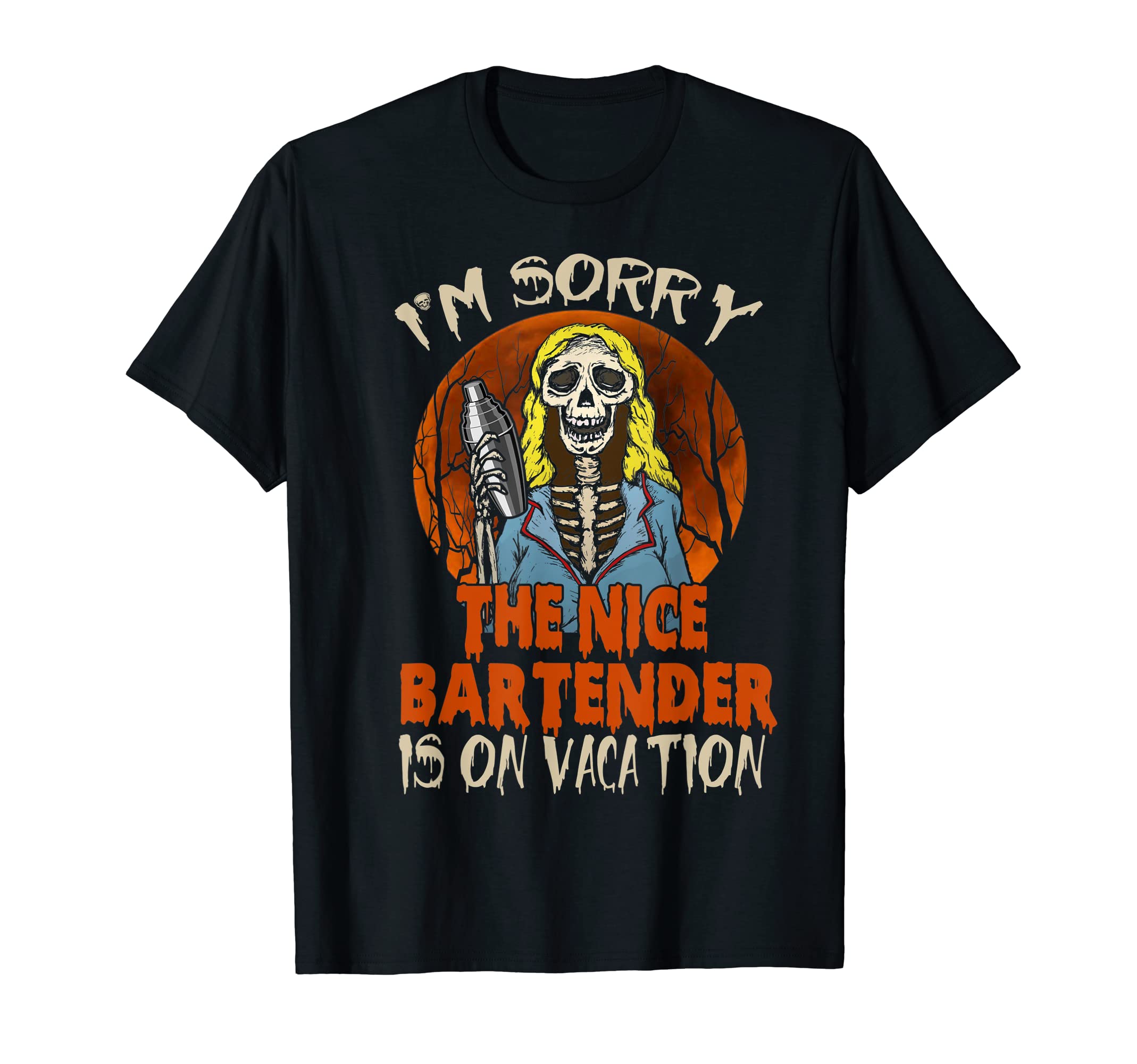 Funny Scary Skeleton Bartender Lover HalloweenThe Nice Bartender Funny Scary Skeleton Bearding Halloween T-ShirtOEKO-TEX STANDARD 100
