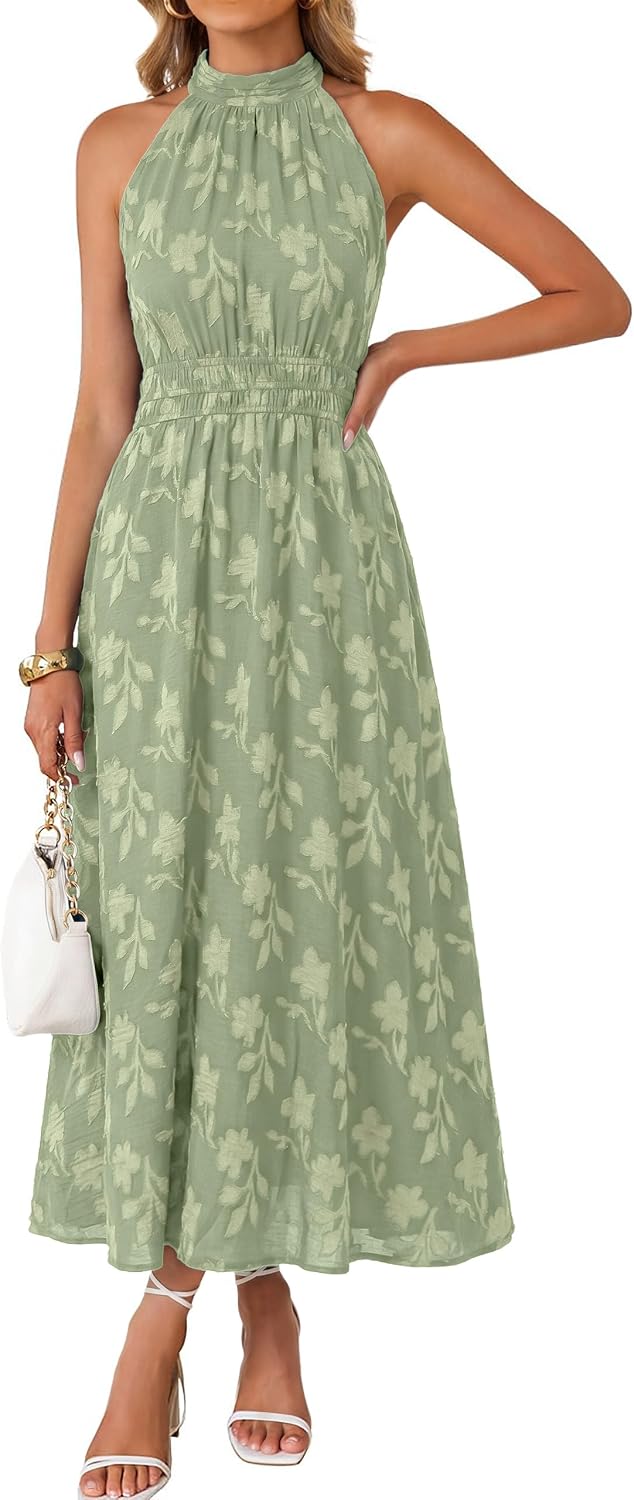 Simplee Womens Summer Halter Maxi Dress Boho Floral Wedding Guest Dresses