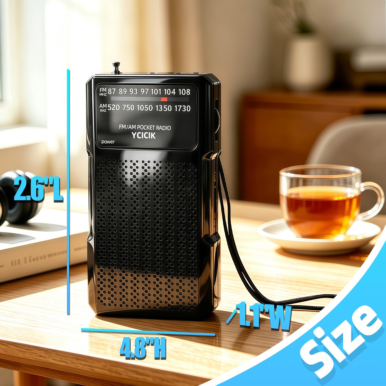 Radio AM FM portátil, funciona con pilas, color negro