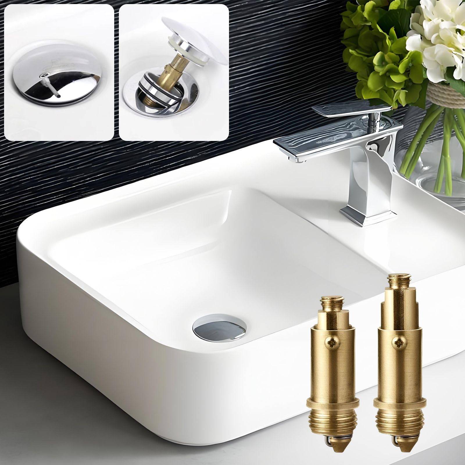 3 Pezzi Accessori per Lavelli Bullone, Valvole di Scarico Pop-Up Lavabi Click Clack Piletta Sostituzione Meccanismo, in Ottone, per la Maggior Parte dei Lavandini, Tappo di Scarico del Bacino