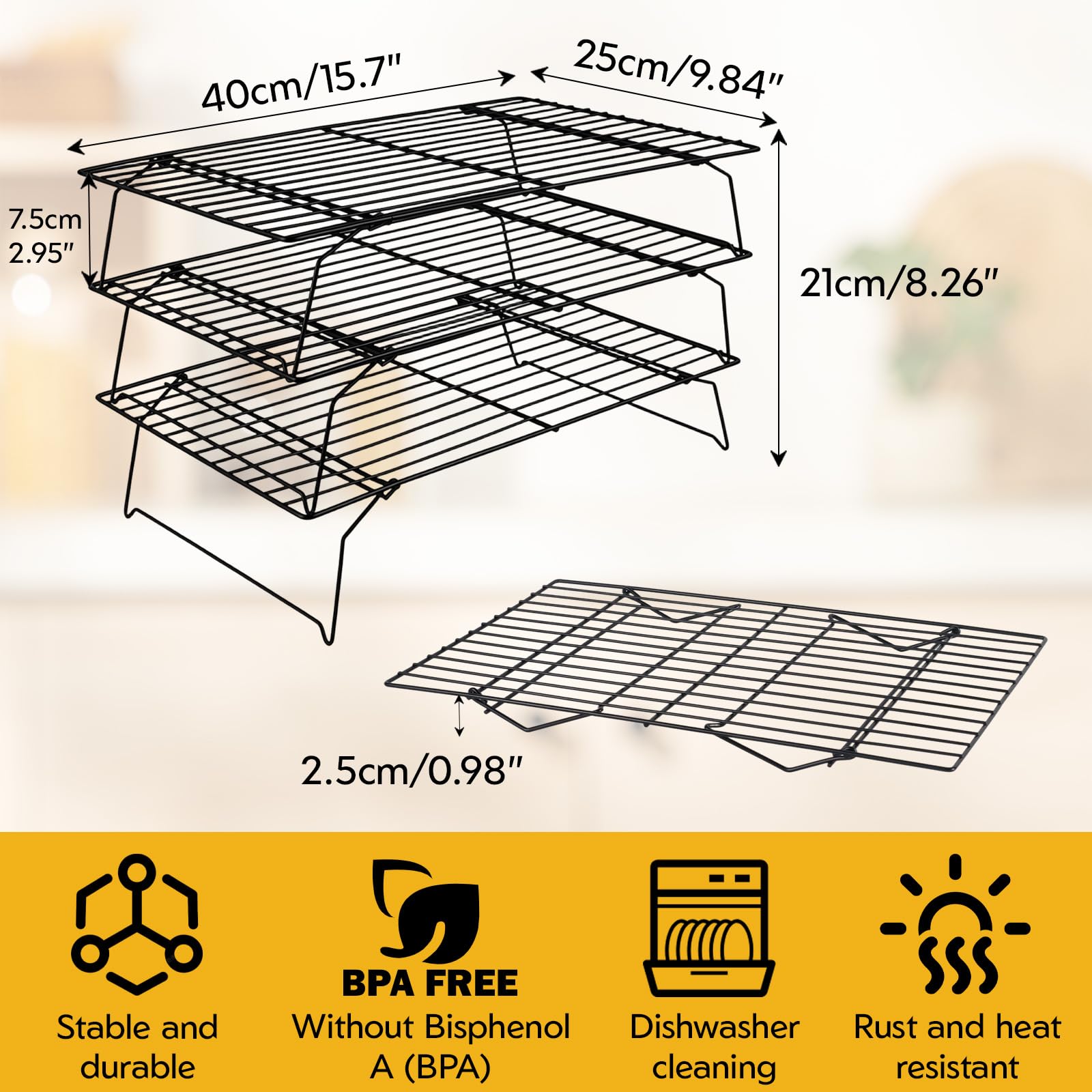 Grille de Refroidissement Pâtisserie 40×25×7,5 cm Acier au Carbone Antiadhésive Pliable Empilable