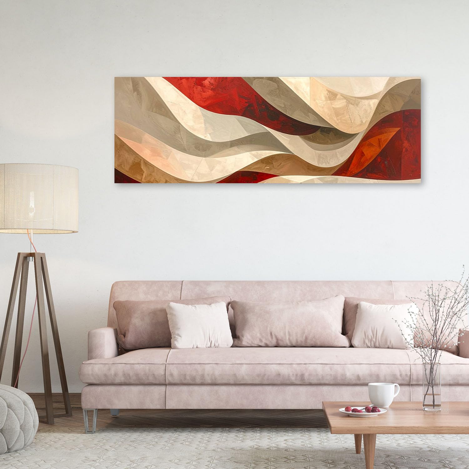 Feeby Stampa su Tela - Quadri Moderni Soggiorno - Quadro Camera Da Letto - Onde astratte nei toni del rosso e del beige - 150x50 cm - Decorazioni Parete