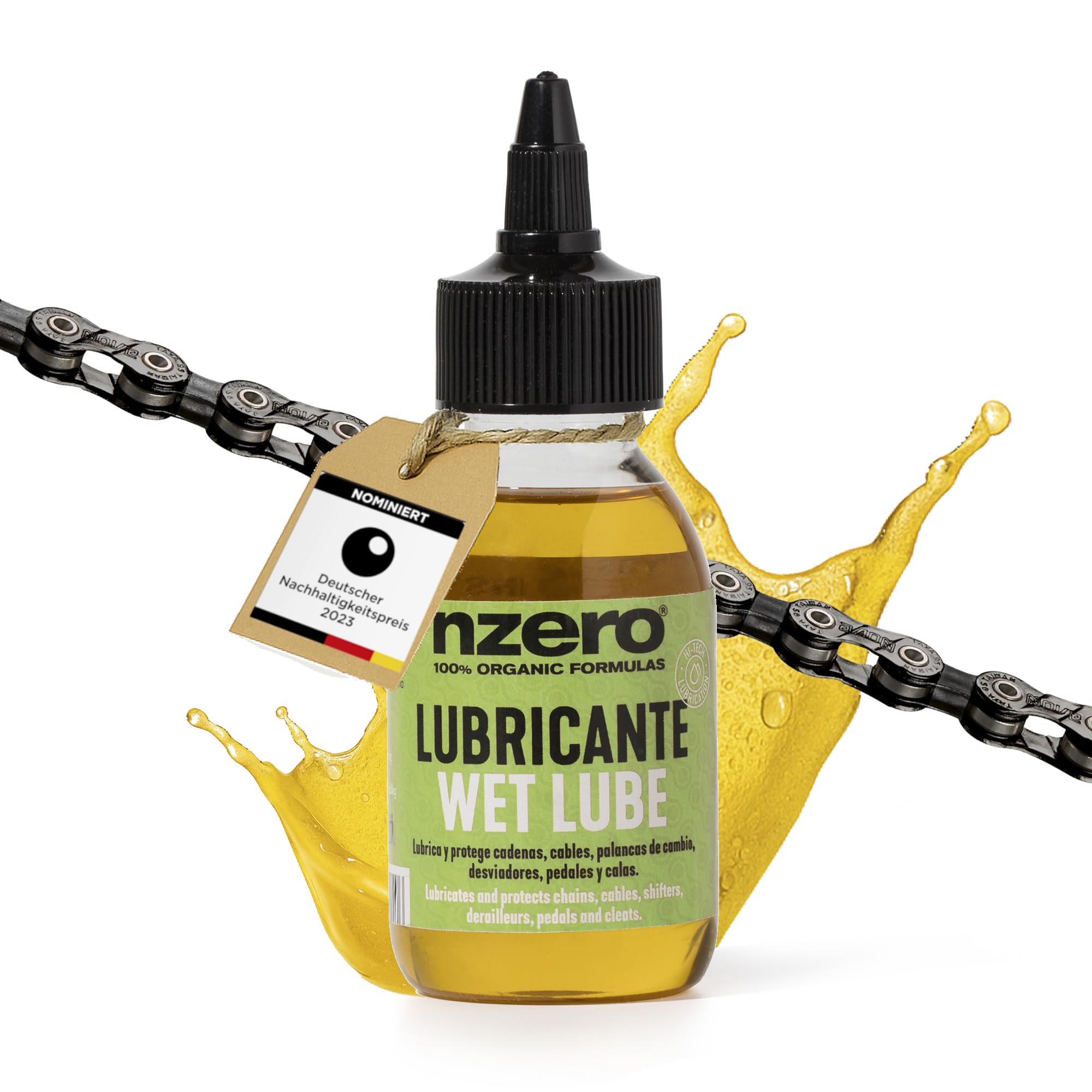 NZERO │ Lubrificante biologico per catene bici │ Olio organico eco │ Per MTB, mountain bike, bici da strada, gravel, urbane/città, elettriche e-bike │ 100 ml