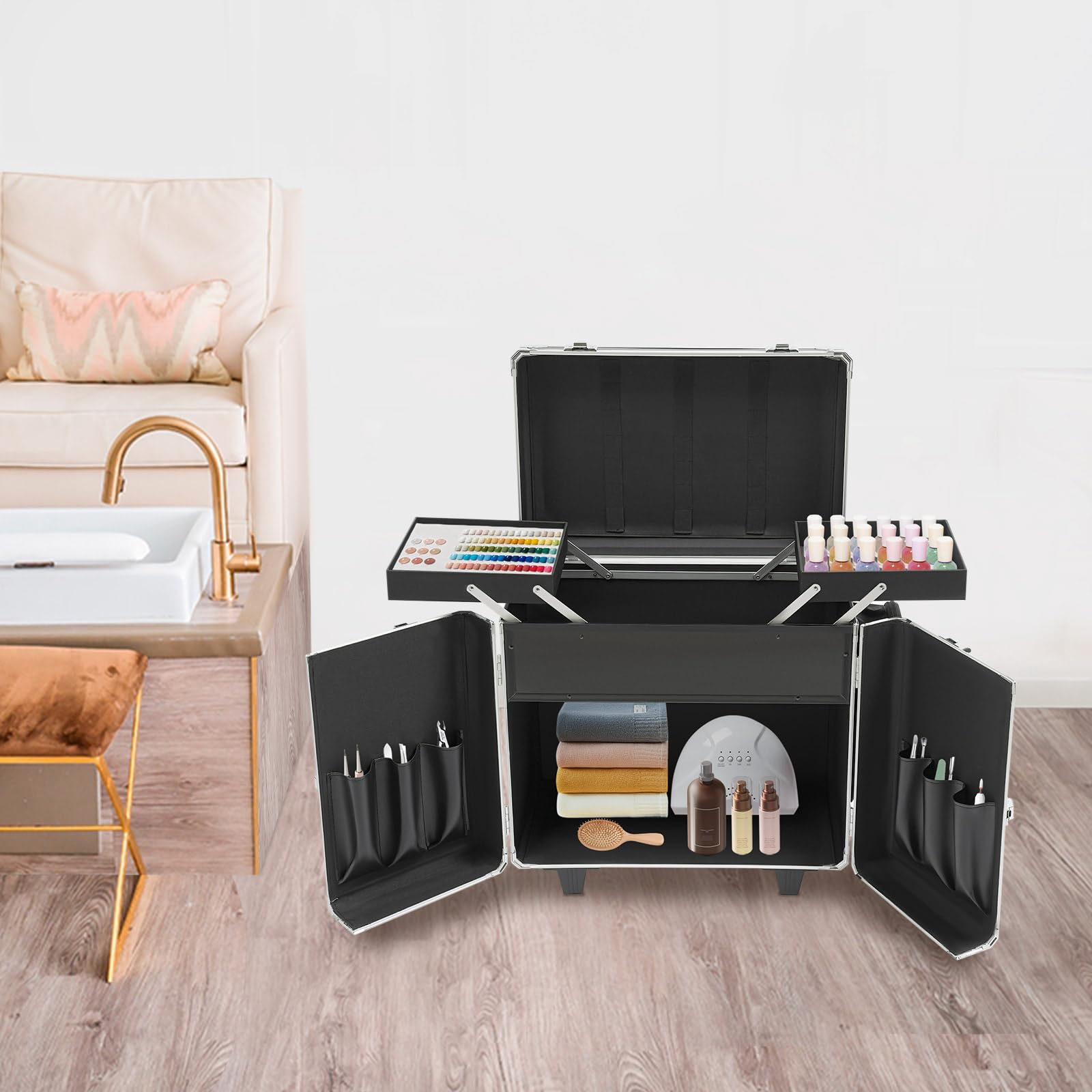 Fußpflege Koffer, Mobile-fußpflege Fusspflegekoffer mit 2 Räder 4 Schlüssel, Tragfähigkeit 50 kg, Werkzeug Organizer für Fußbadgeschäfte,Massagesalons (Schwarz+Silber)