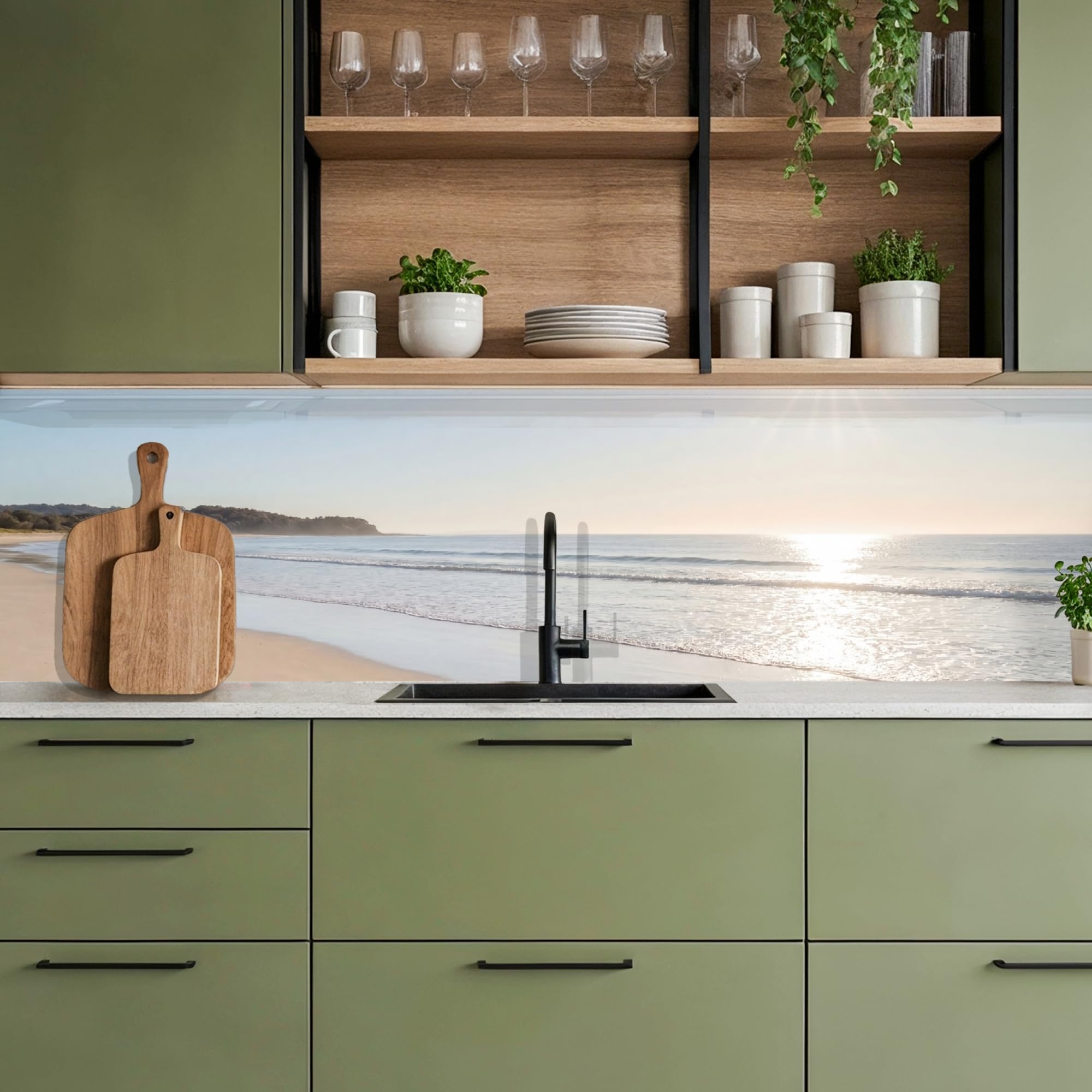 KitchenYeah© Paraschizzi Cucina Adesivo 80x300 cm Pannello Parete Paraspruzzi Muro Decorativo Mare - Sole - Sabbia