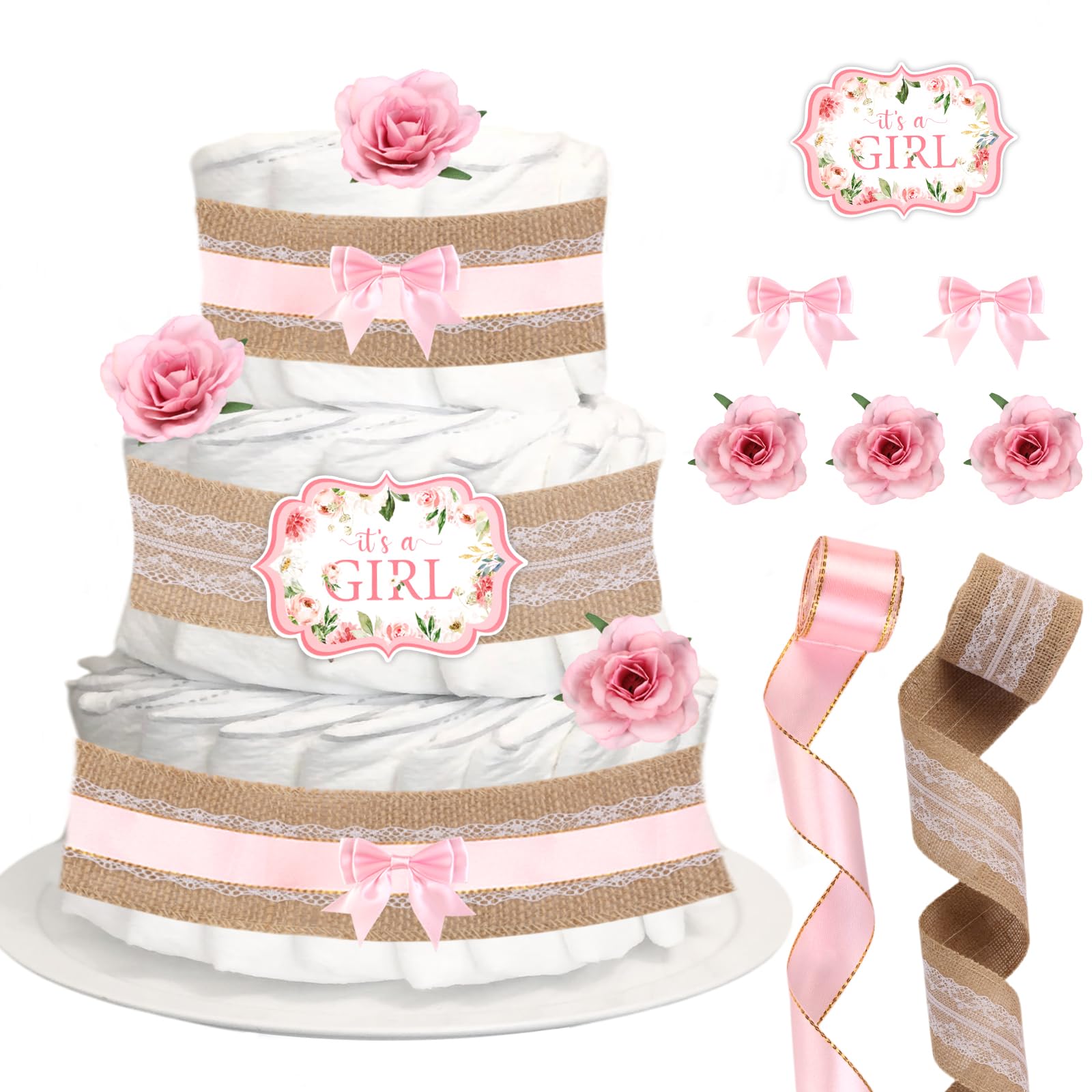 CORNER LACE Baby Shower Diaper Cake Decorations Pink, Birthday Party Diaper Cake Supplies, Include Ribbon, Bow Tie, Cakes Cards, Artificial Flowers(