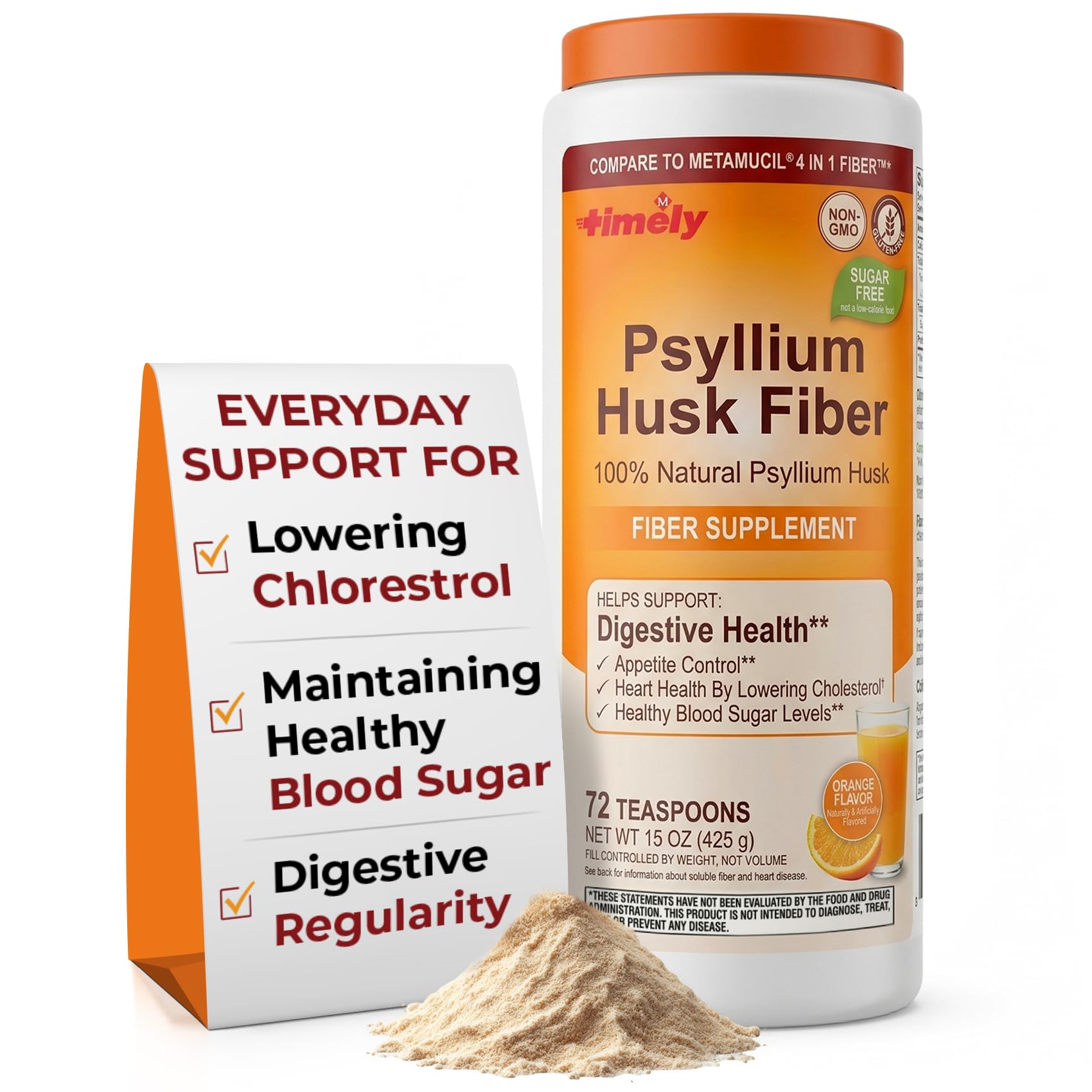 TIME-Cap Labs Psyllium Husk Powder Fiber Supplement, Orange Flavor, 15 oz