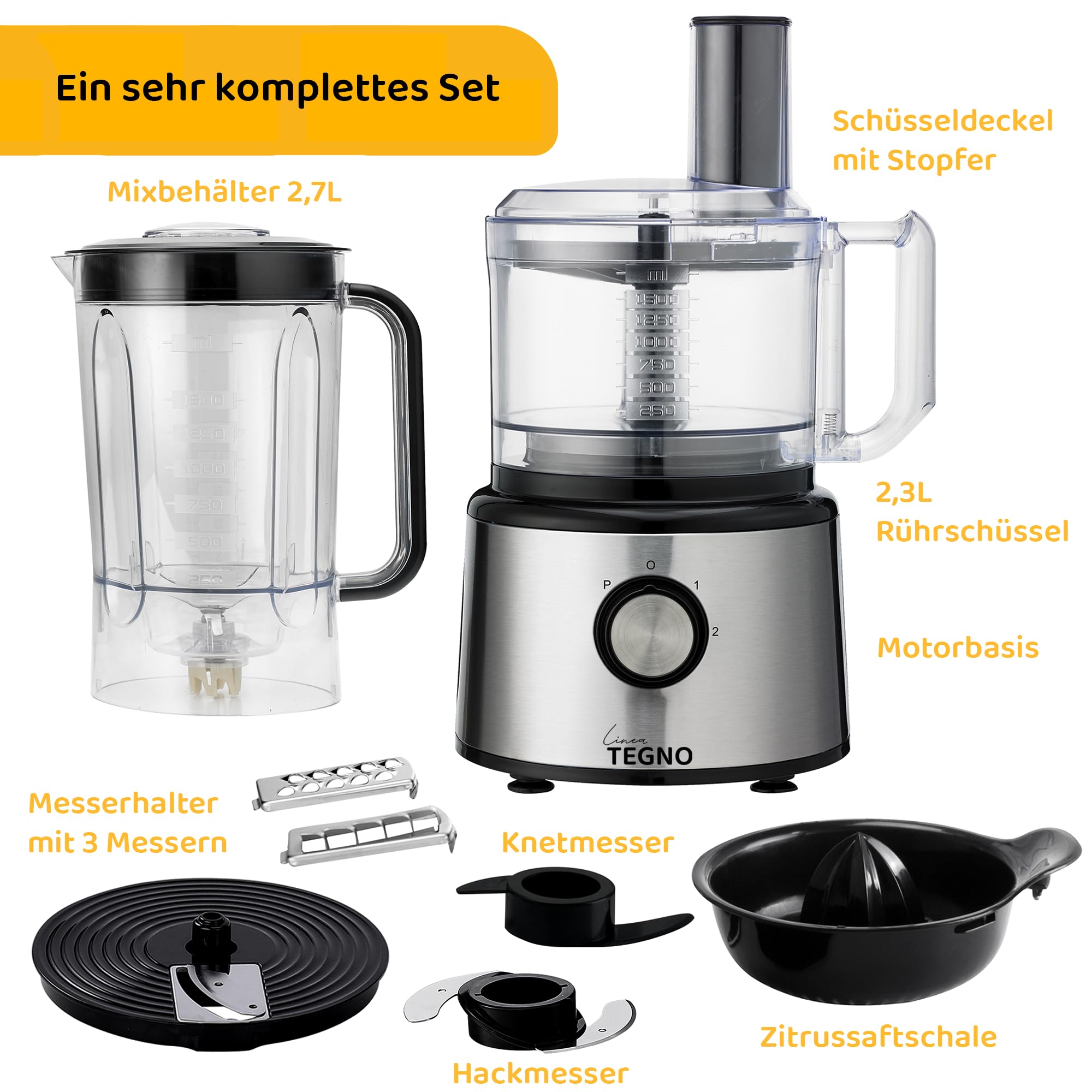 Food Processor - Linea Tegno – Multifunktionale 5-in-1 Küchenmaschine aus Edelstahl – Zum Hacken, Raspeln, Schneiden & Mixen – 2,3L Schüssel & 2,7L Standmixer, Zitruspresse – BPA-frei