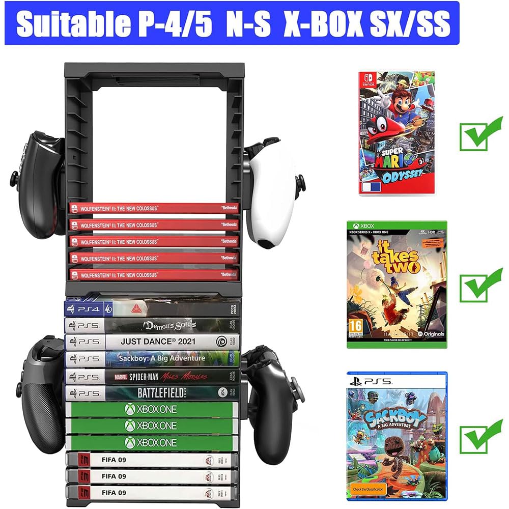 Wieża do przechowywania gier dla PS5, PS5 Przechowywanie płyt CD z grami, stojak na 24 płyty CD i 4 kontrolery dla SWITCH, Xbox Series S & X, Xbox One, PS4, PS3, Blu Rays