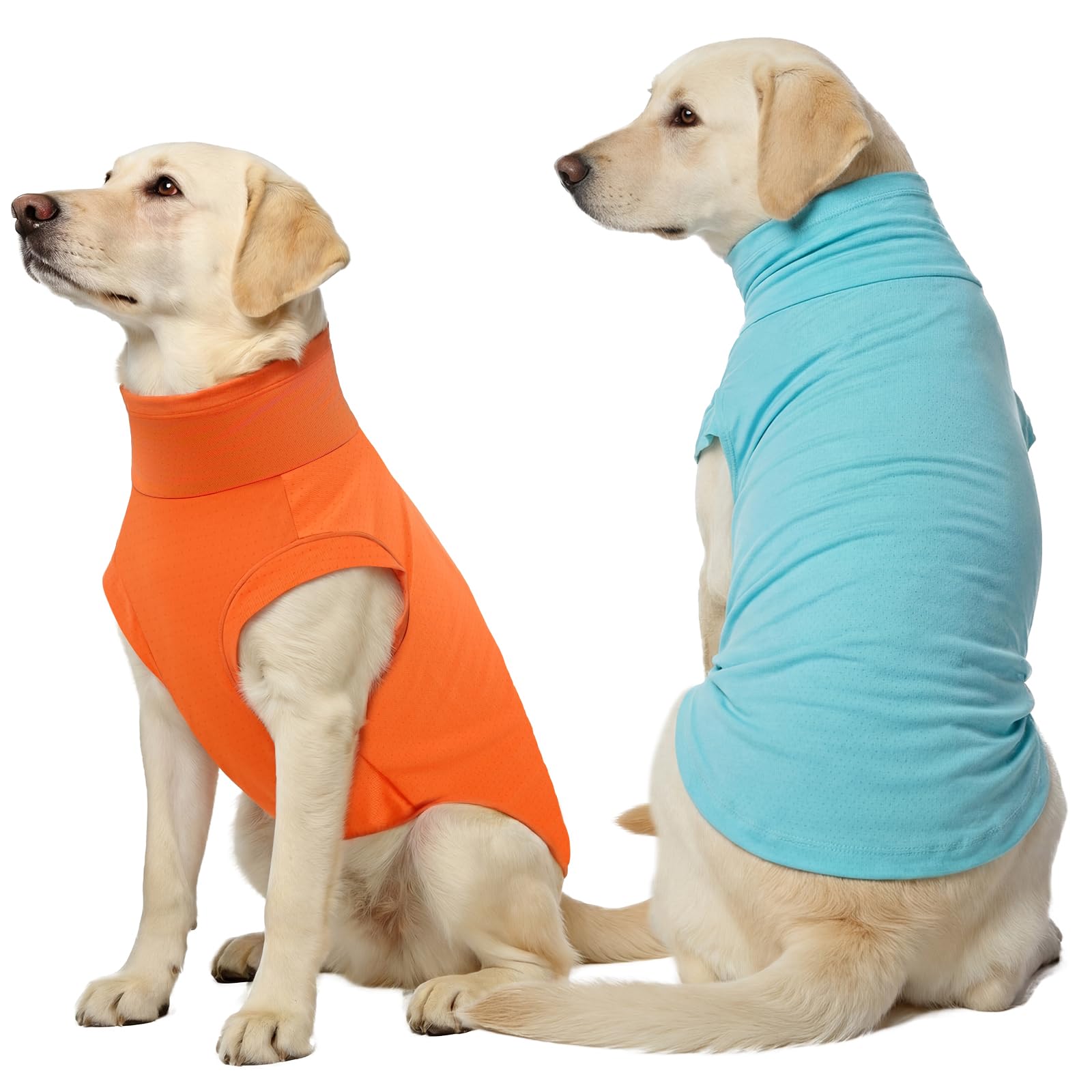 OUOBOB Dog Cooling Vest 2-Pack for Summer | Quick-Dry & Breathable Shirt with Snug High Neck & Elastic Belly, for Medium Large Dogs (2pcs (Orange+Blue), 3XL)