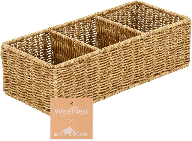 Hand-Woven Wooden Basket with 3 Compartments for Bathroom & Bedroom Organization, Tan