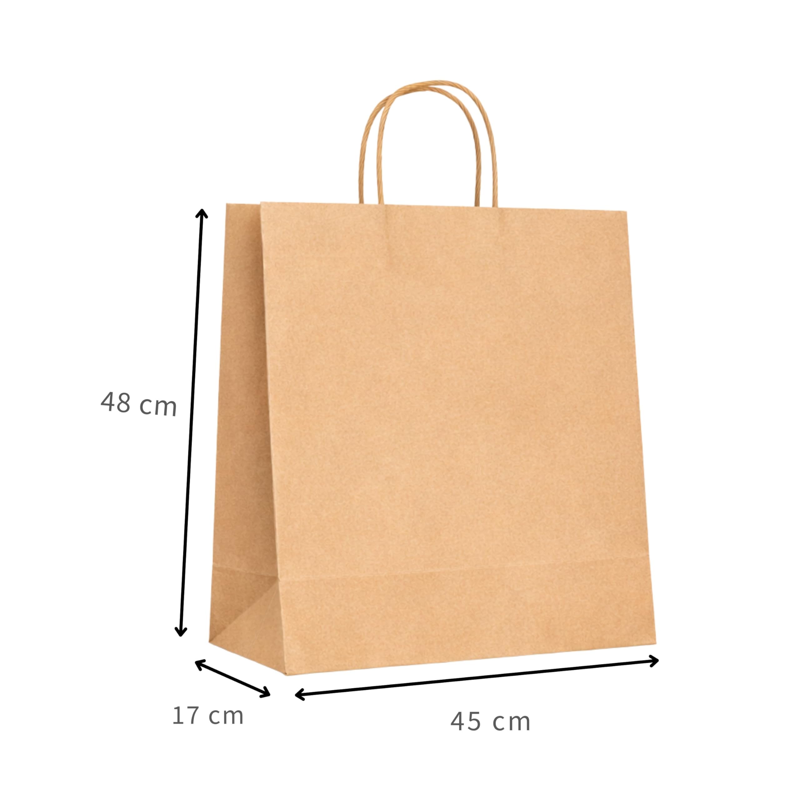 Inoverse 200 Stück Papiertüten mit Henkel 45+17x48 cm – stabile Kraftpapiertüten Braun mit Papierkordel, Geschenktüten & Papiertragetaschen für Einkauf, Geschenk, Party & DIY