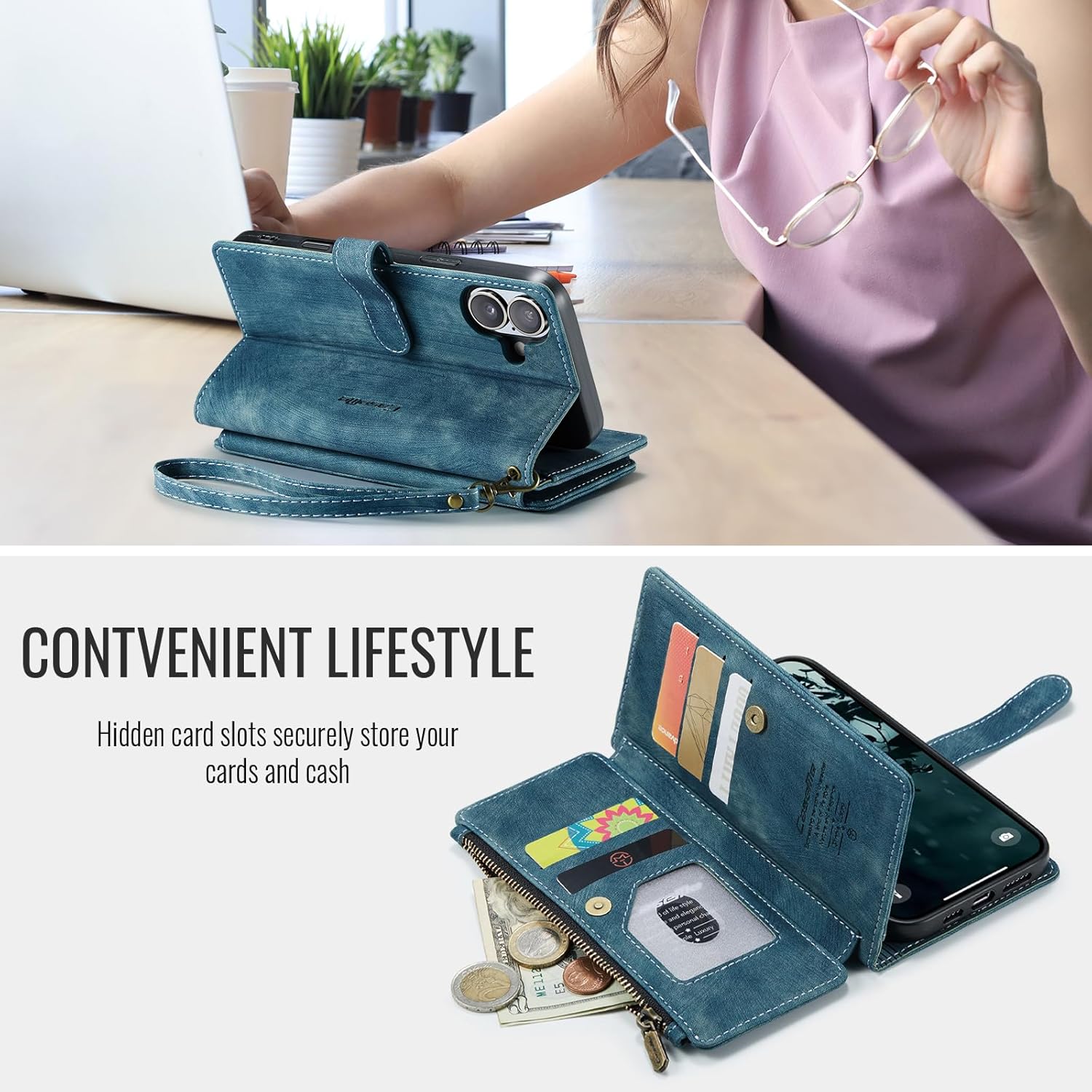 CaseMe Wallet Case for iPhone 16, Multifunction Handmade Premium PU Leather Zipper Flip Shockproof Case Built-in [Magnetic Closure] [Kickstand] [Card Slots] [Wrist Strap] for iPhone 16 (Blue)