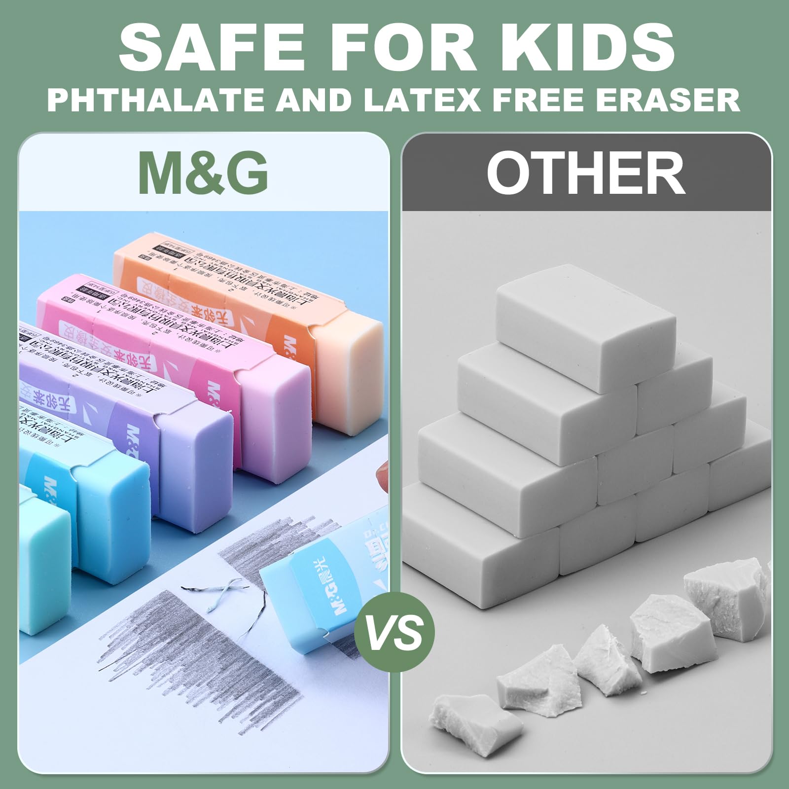 M&G  Pack Erasers, Pencil Erasers Large Eraser Colored Cute Soft Block Easy to Clean Durable Bulk for Sketching Drawing Artists Teacher Color Pencils Carving Stamps, 5 Pastel Colors: 5