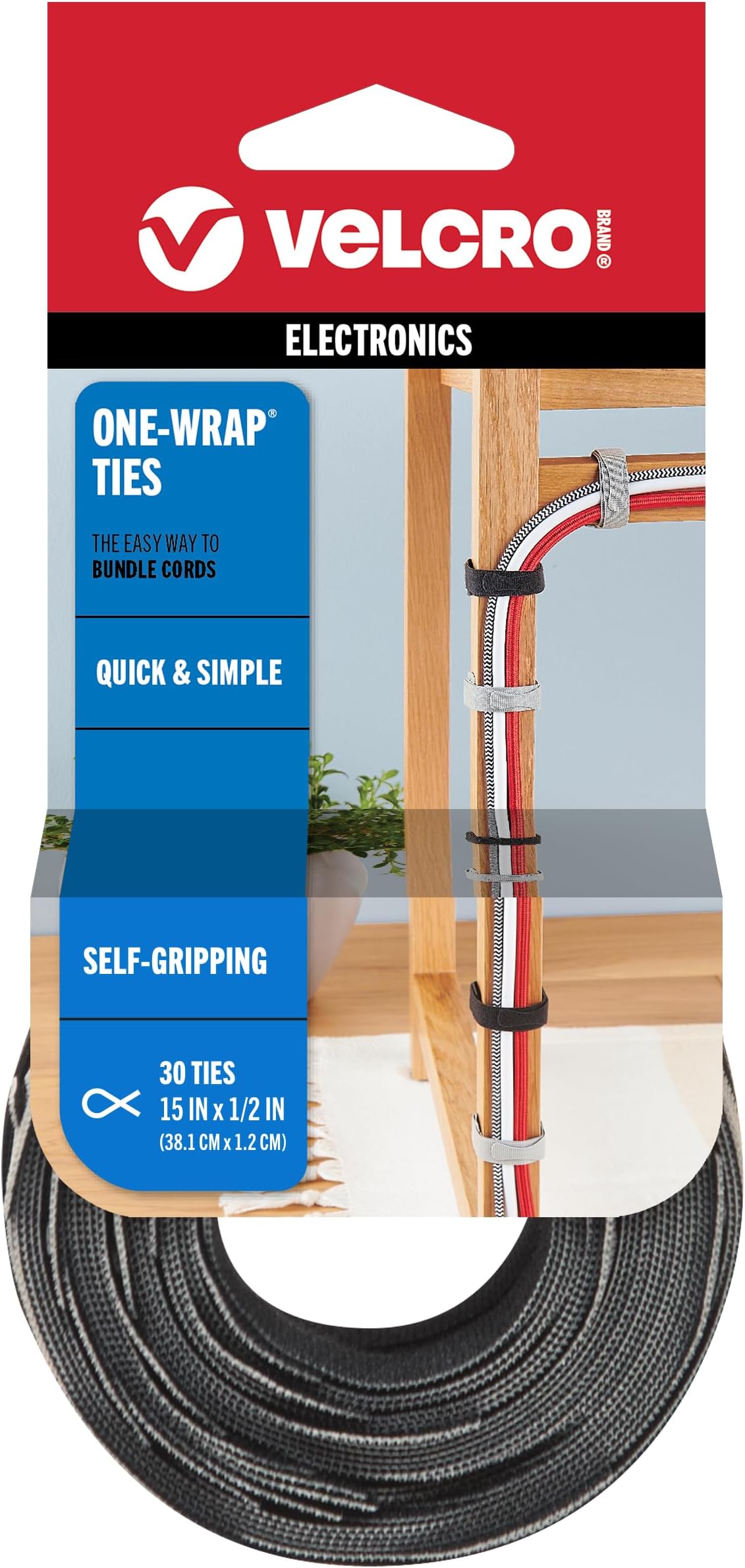 VELCRO Brand ONE WRAP Thin Ties | Strong & Reusable | Perfect for Fastening Wires & Organizing Cords | Black/Gray, 15in x 1/2-Inch | 30 Count