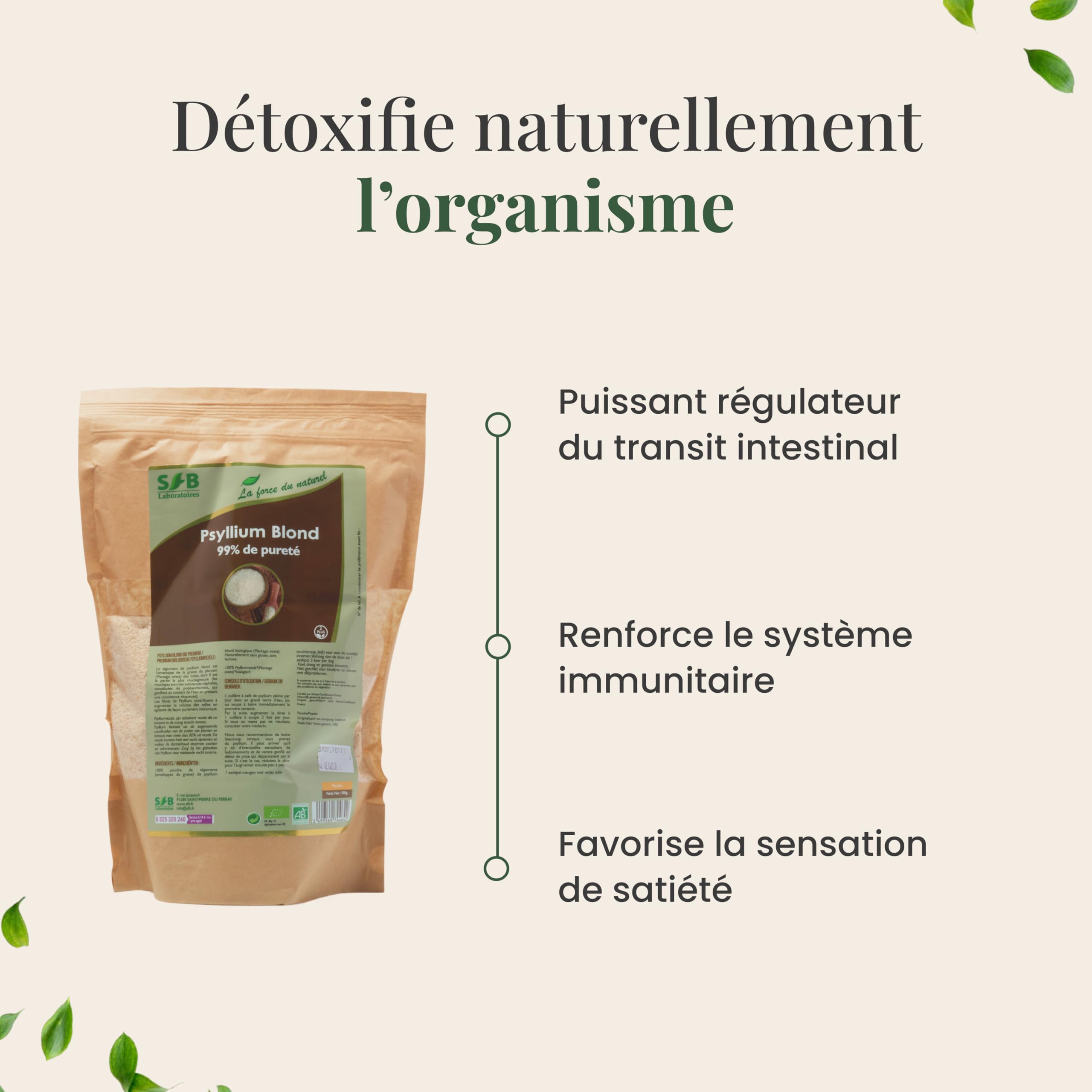 SFB Laboratoires Psyllium Blond Bio 500g – Fibres Naturelles pour une Digestion Saine et un Transit Régulier – Téguments Purs à 99% – Certifié Biologique, Adapté Régime Vegan et Sans Gluten