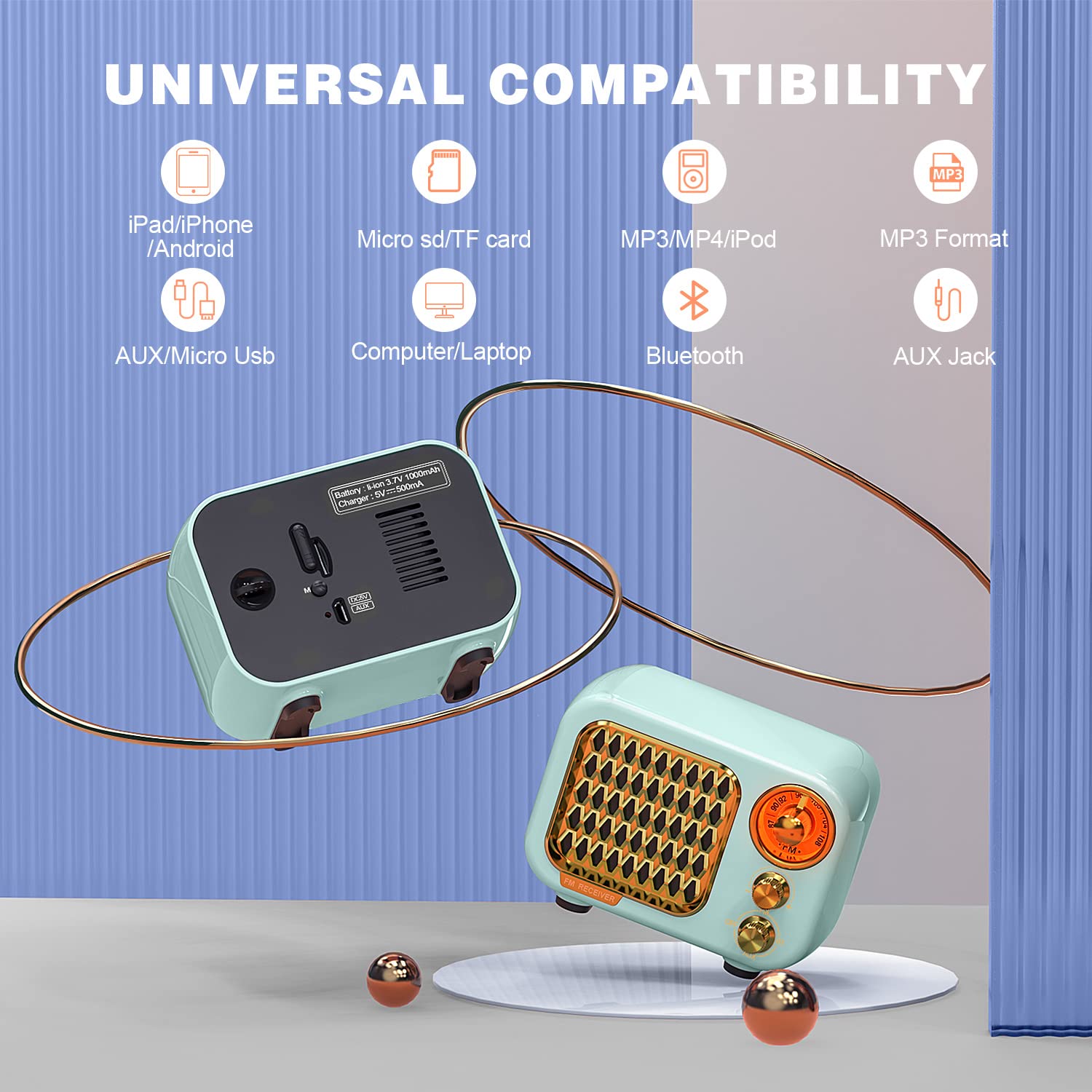Tendak Radio Portatile FM Bluetooth 5.1 Retro, Altoparlante Hi-Fi, Batteria 1000 mAh, Supporto TF/AUX/USB