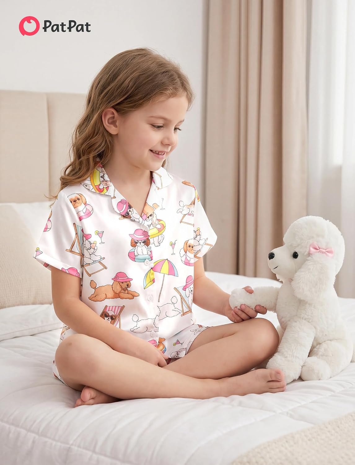 PATPAT Girls Satin Pajama Set Silky Button Down Sleepwear for Kids Ultra Soft 2 piece Nightwear Pjs 5-12 Years