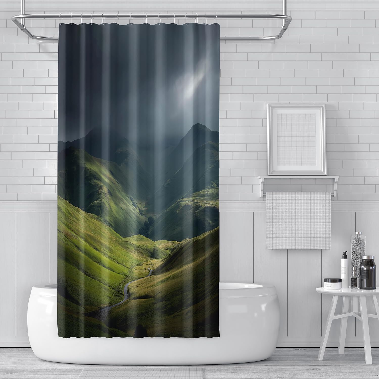 Cortina de Ducha de Montaña,Diseño de Valle y Arroyo,Impermeable,con Ganchos de Plástico,Paisaje Natural para Decoración de Baño de Estilo Rústico,240Anx200Alcm (1 Panel)