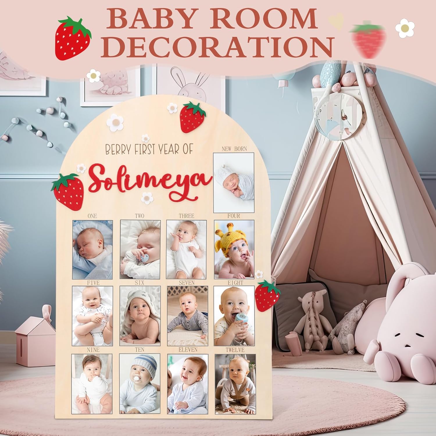 Leinuosen 33 x 22 Inch My First Year Photo Board 12 Monthly Picture Frame with DIY Name Felt Letters 1st Birthday Decorations Gifts for Boy Girl Newborn Keepsake, Fits 4 x 6 Photos (Pink,Strawberry)