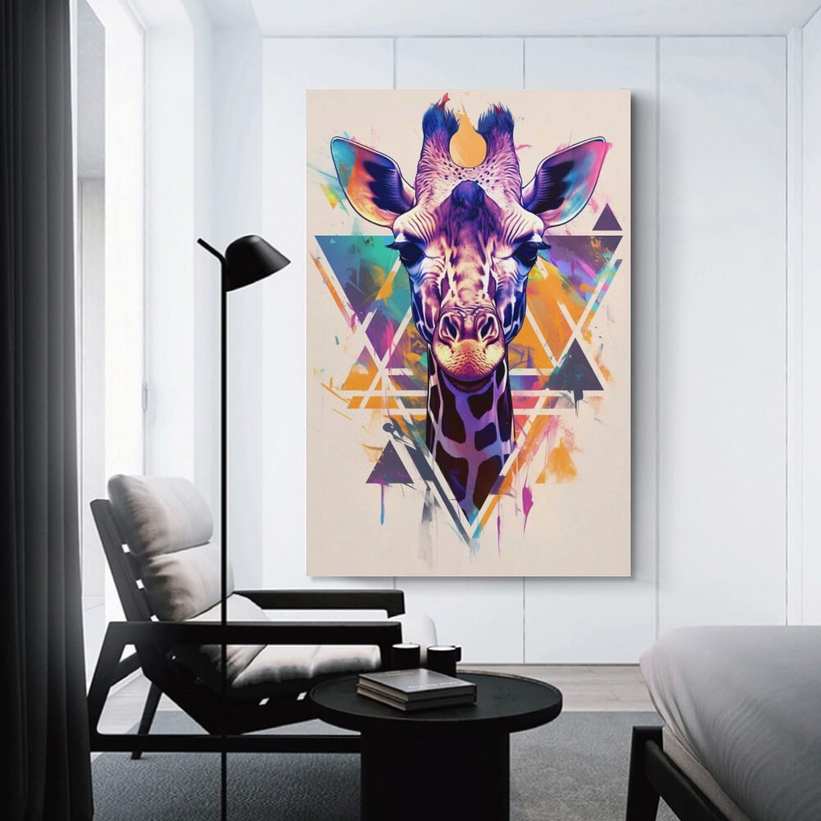 Junmoney Colorful Giraffe Portrait with Geometric Background Hanging Wall Art, 12x18inch(30x45cm), for New Homes, Bedrooms Or Workspaces, Thoughtful Wall Decor for Art Lovers