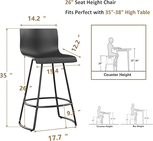 Miniatura 8 de Juego de 4 taburetes de bar giratorios de altura de mostrador con respaldo de 24 pulgadas con asiento de plástico, taburetes de bar de metal para