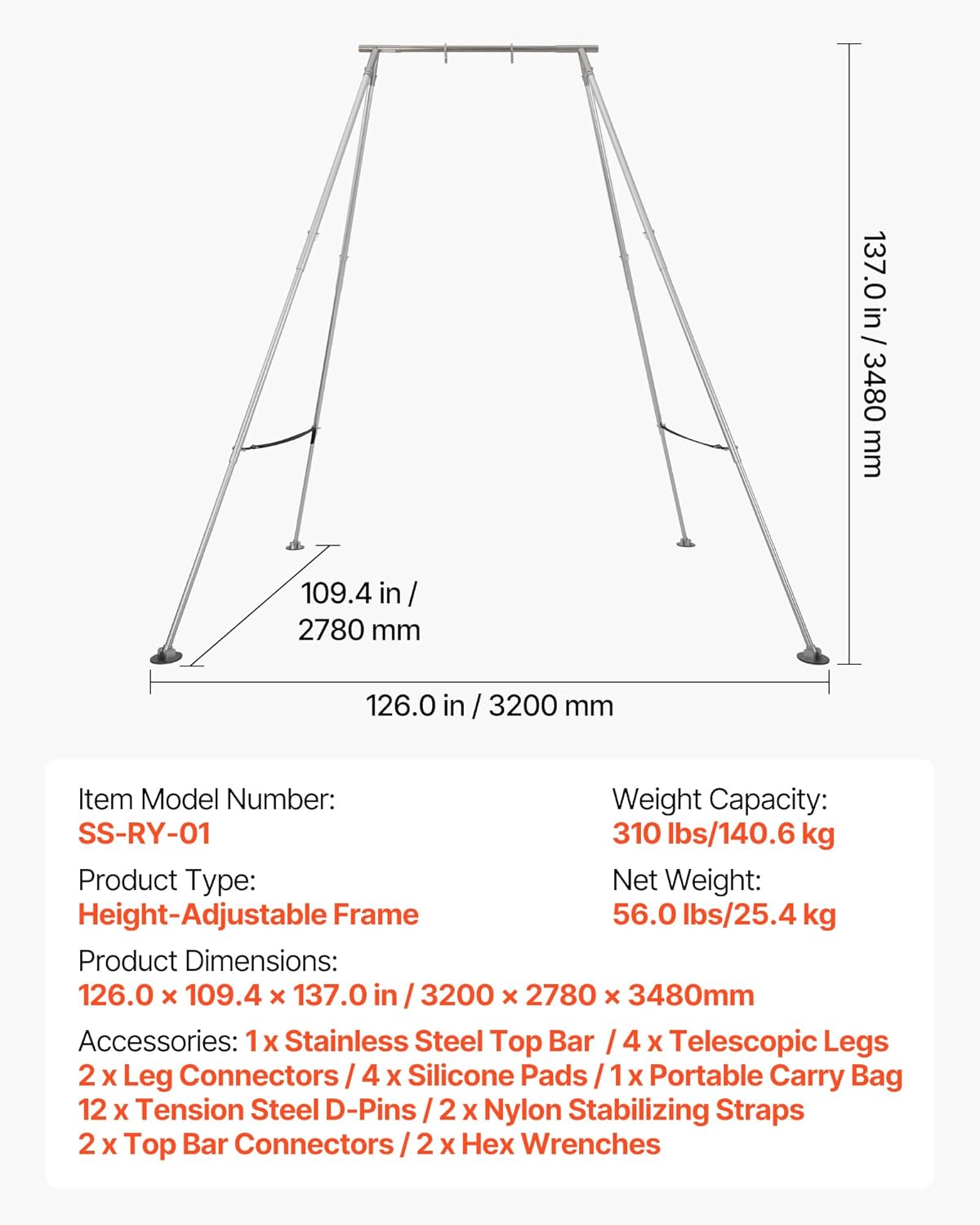 VEVOR Adjustable Yoga Aerial Rig, Aerial Silk Stands with Height Adjustable 5-11FT, Portable Stainless Steel Rig& Aluminum Frame Legs, Fit with Hoops/Lyra/Silks/Hammock