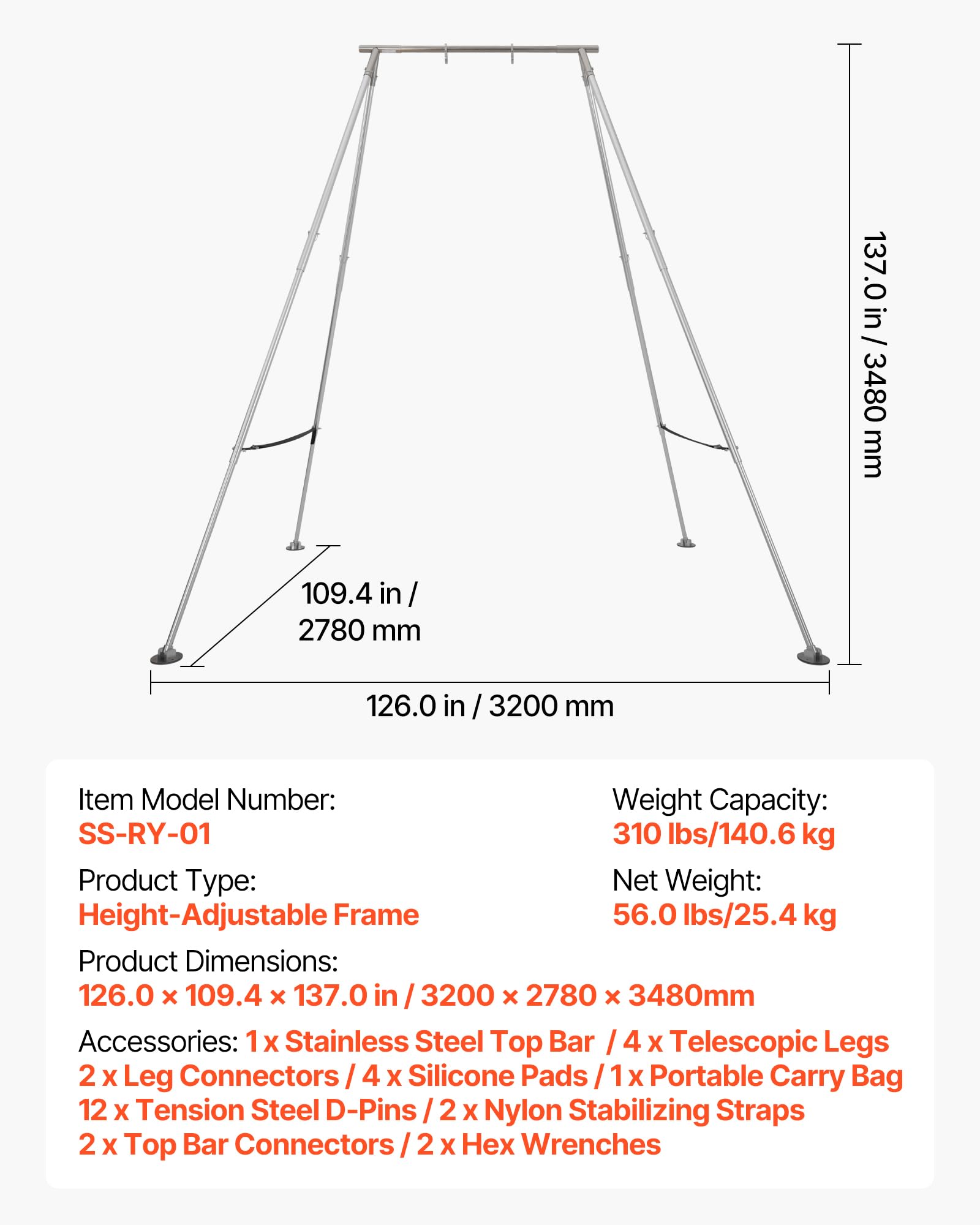 VEVOR Soporte de Yoga Aéreo, con Estructura Triangular, Carga Máxima de 140,6 kg, Aleación de Aluminio, Soporte para Telas Aéreas con Patas de Aluminio Ajustables en Altura, 3200 x 2780 x 3480 mm