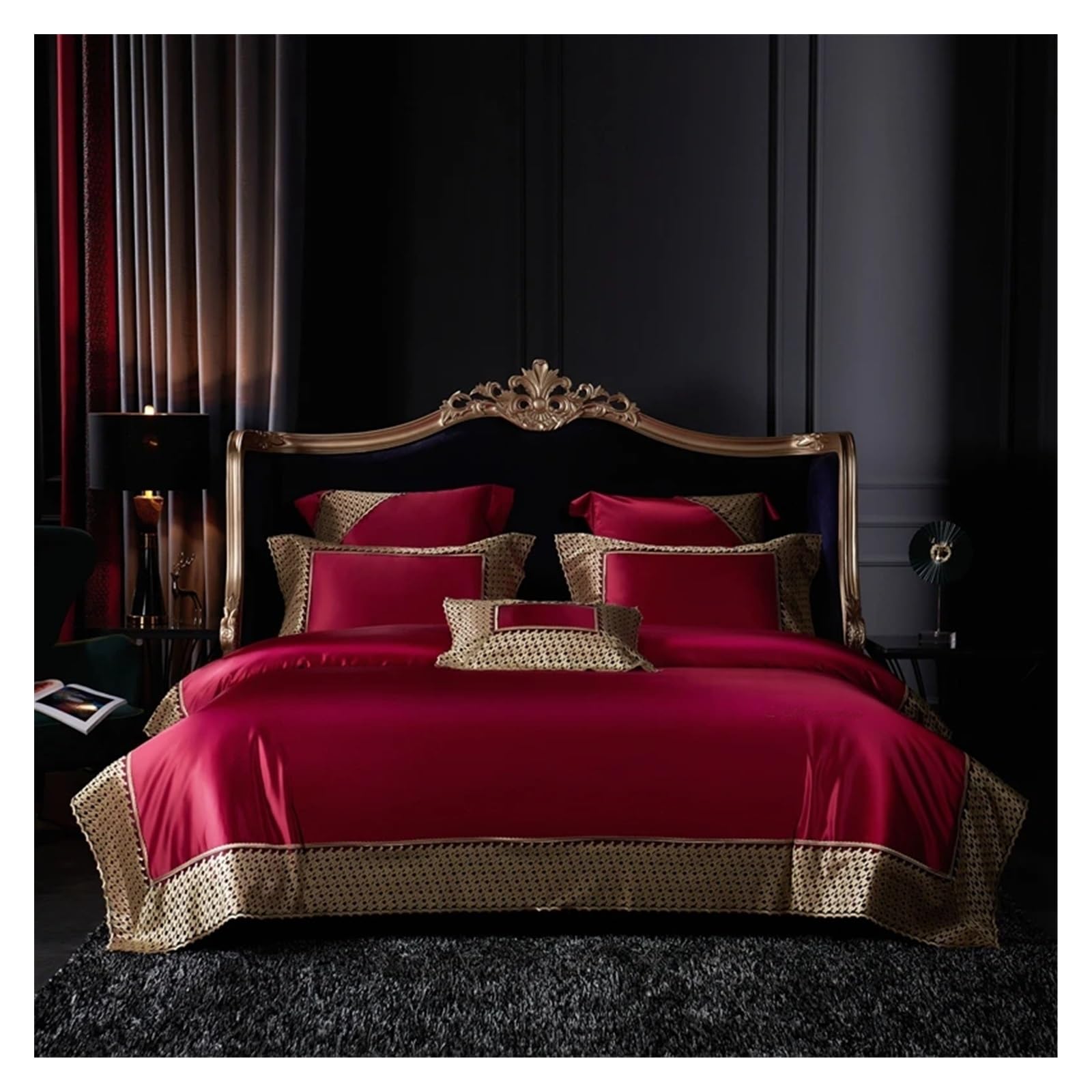 Sbcgfy Blu Luxury Cotton Wedding Bedding Set Gold Lace Duvet Cover Quilted Bedspread Bed Linen Pillowcases Comfortable Bedding, Bedspreads,-Queen