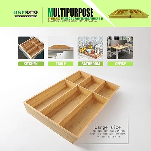 Miniatura 5 de Juego de 2 organizadores de cajones de bambú extra grandes en forma de V, bandeja de cubiertos de cocina, caja de almacenamiento de cubiertos y