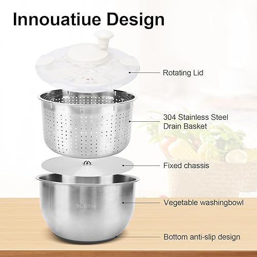 Miniatura 3 de Molinillo de ensalada de acero inoxidable, escurridor de lechuga con drenaje, lavadora de frutas de 6 cuartos de galón con base antideslizante de