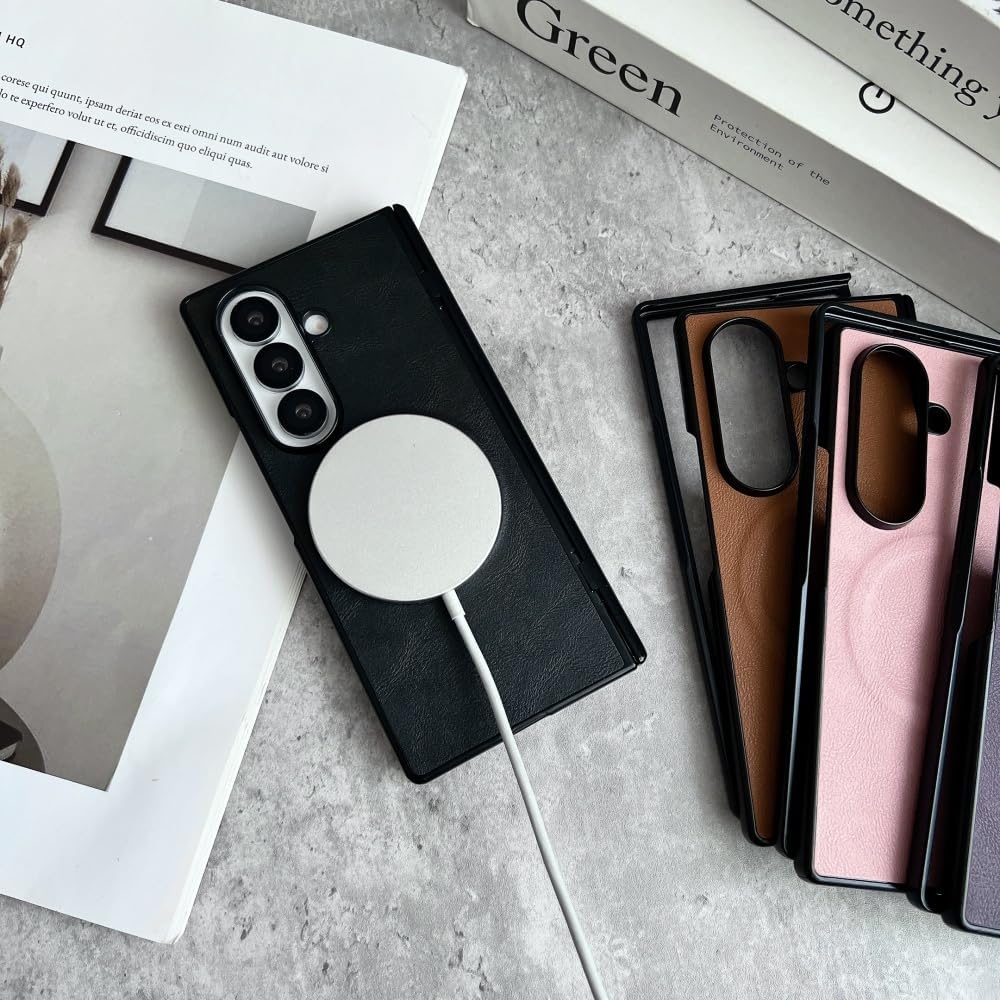 Hinge Protection for Samsung Galaxy Z Fold 7 6 5 4 3 5G Case Magnetic Wireless Charging,PU Leather Sheep Skin Pattern Shockproof Luxury Cases Cover (Z Fold 6,Black)