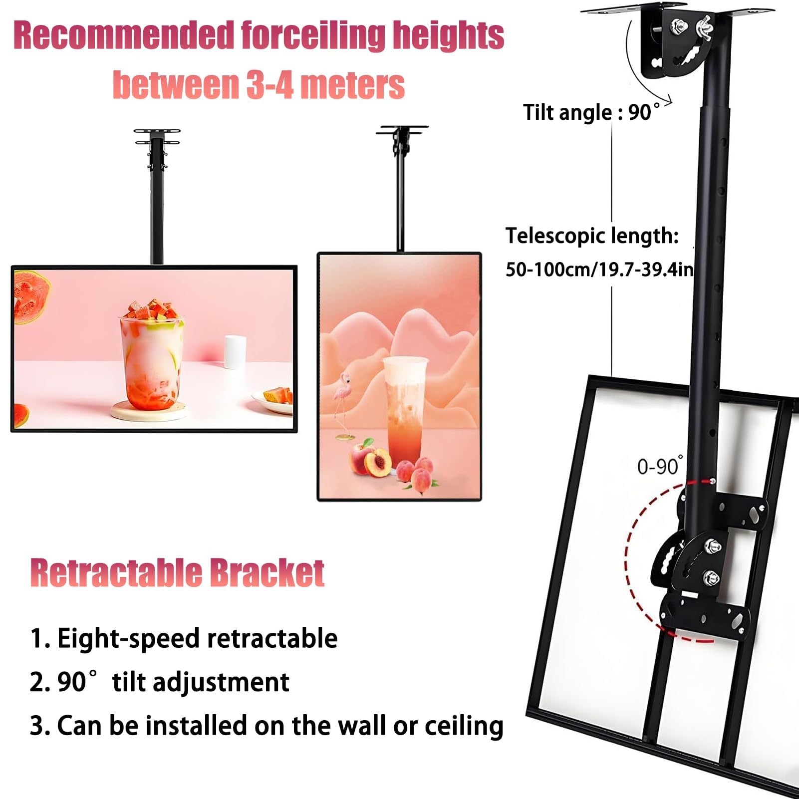 Tablero de menú LED con poste telescópico, letrero retroiluminado para restaurantes y cafeterías, póster iluminado montado en la pared, juego de 3 piezas