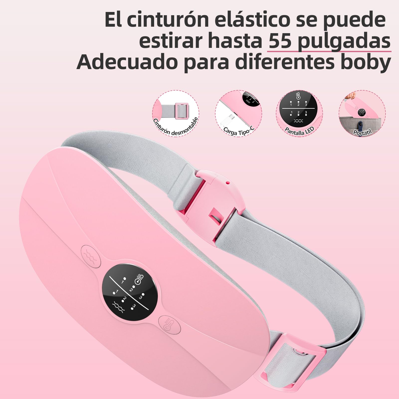 Almohadilla térmica menstrual,Cinturón de Calentamiento Eléctrico USB para el Vientre,3 Niveles de Calor y 3 Modos de Masaje,Soporte de Espalda Calentado para Alivio Dolor Menstrual (Rose)
