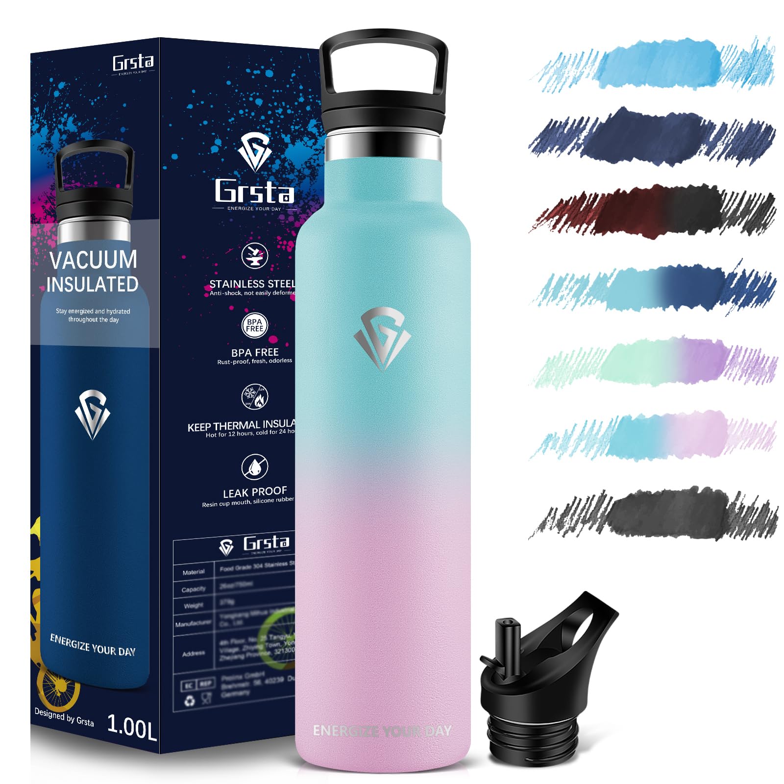 Grsta Blue And Pink 1 Litre Sports Water Bottle - Stainless Steel, Leak-Proof, With Straw, Thermos Flask, Bpa-Free, For Sports