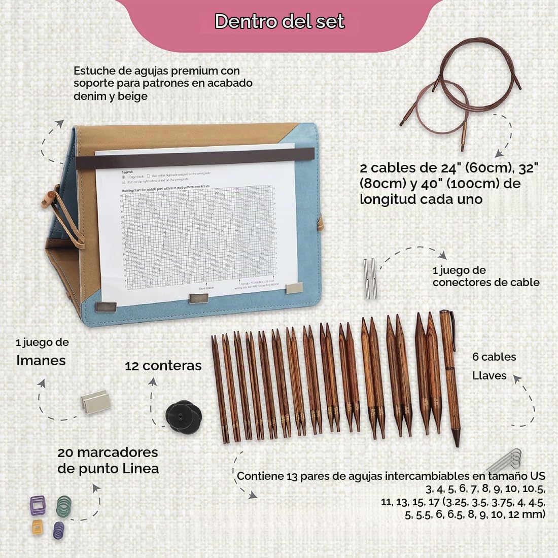 KnitPro Ginger Set de Agujas Intercambiables - Pares de Agujas Circulares de 13 x 13 cm con Accesorios Ginger Grande Set, para Principiantes, Profesionales y Caja de Regalo