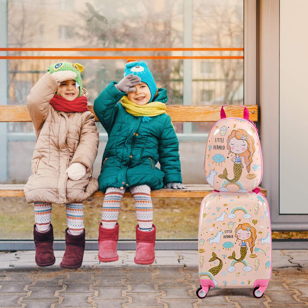 DREAMADE Valise Roulette Enfant 18" et Sac à Dos 12" avec Poignée Réglable Bagage Cabine Enfant 3+Ans avec Roues Pivotante 360° Bagage à Main Fille et Garçon Charge 50KG+8KG (Sirène)