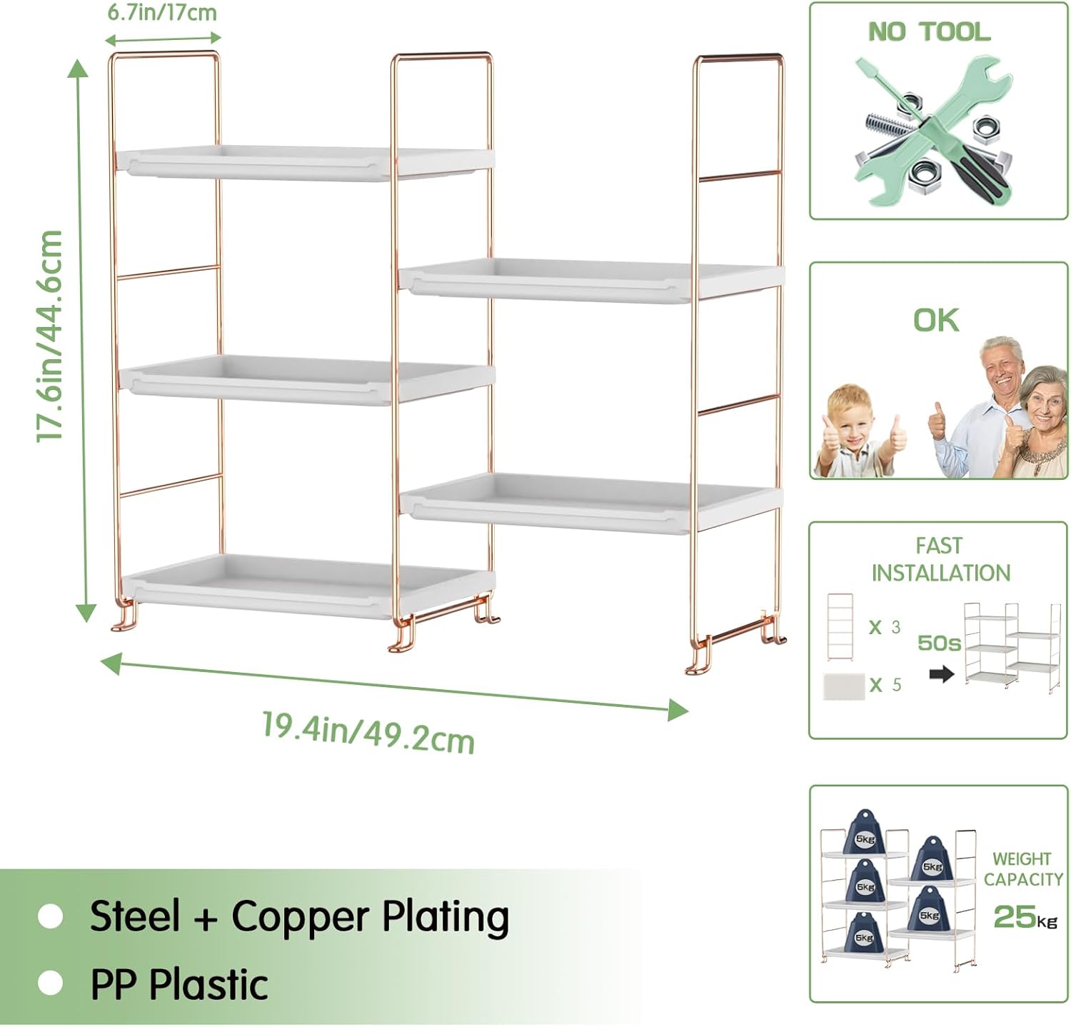 Bathroom countertop Organizer, 3-Tier Vanity Counter Skincare Organizer, Kitchen Spice Rack Countertop Organizer, Standing Shelf for Cosmetic & Makeup (Rose Gold)