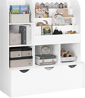FOTOSOK 47'' Kids Bookcase and Bookshelf, Multifunctional Bookcase with 5 Storage Cubbies and 3 Movable Drawers, Bookcase Display Stand, Toy Storage Organizer for Bedroom, Playroom, Hallway, White