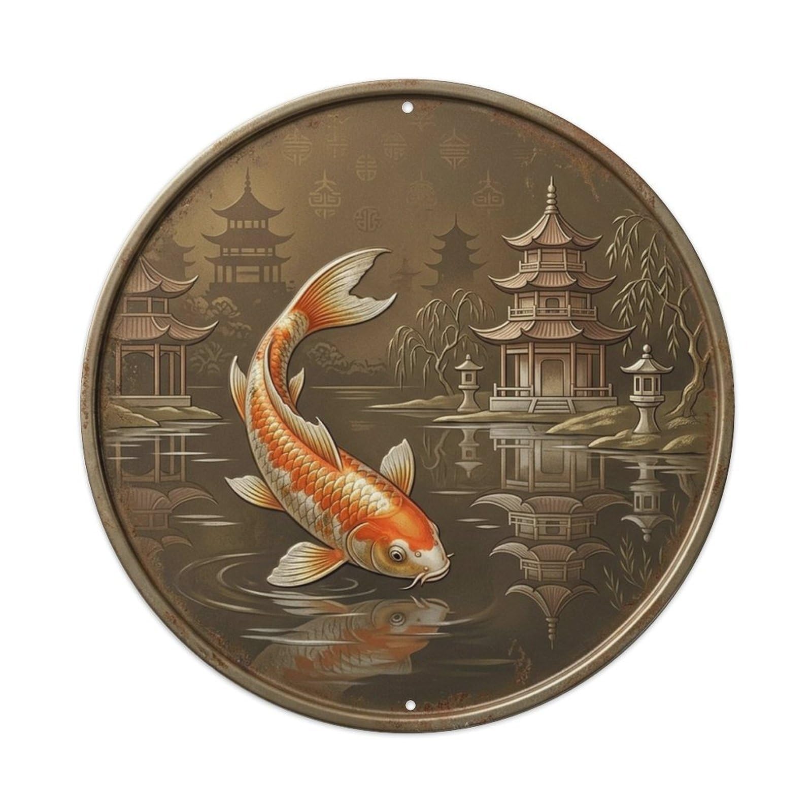 Zen Water Garden Koi Bronze Pagoda Reflection Oriental Metal Tin Sign Plaque Wall Decor for Cafe, Man Cave, Club Bar, Office, Home Garden Round Metal Poster 8x8Inch